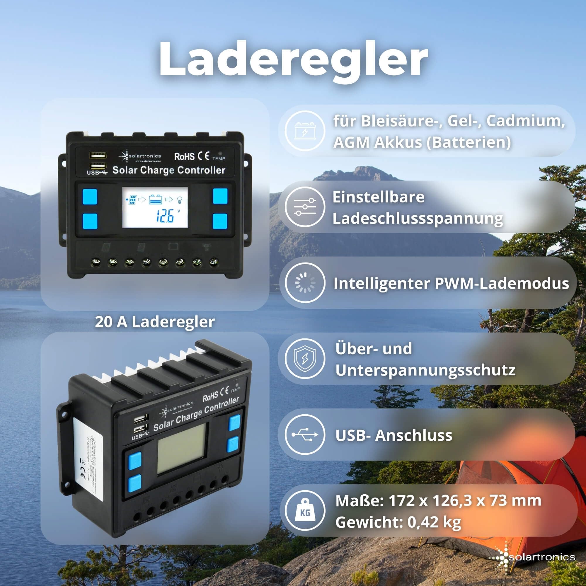 SOLARTRONICS Komplettset 2x120 Watt Solarmodul 1070x580x35, FSD 1000W 12V Spannungswandler 20A Laderegler