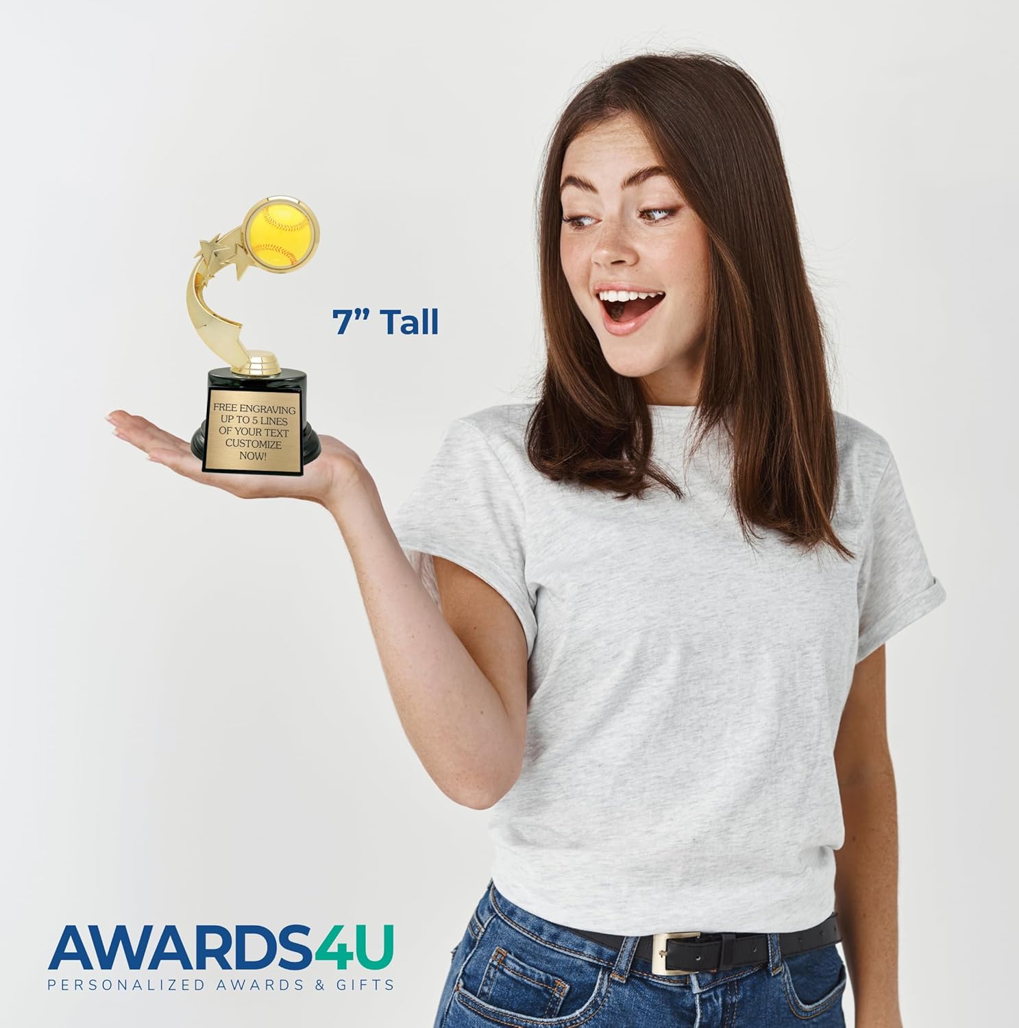 Softball Trophy - 7” Tall Gold Award with Custom Engraved Plate - Personalized Softball Trophies for Girls, Teams, Coaches & MVP – Yellow 3D Ball on Star Riser - Customize Now