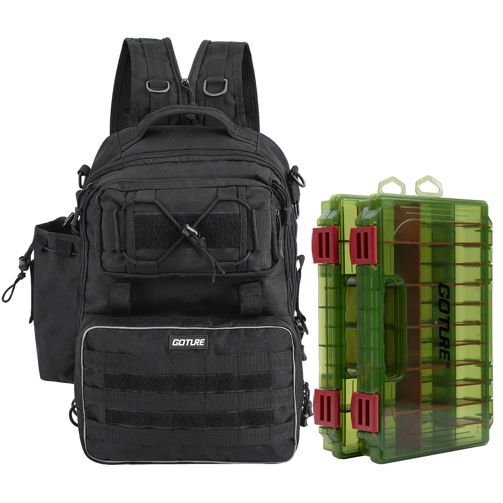 Goture Angelrucksack mit 2 Köderbox Angeln, Angelzubehör-Rucksack mit Rutenhalter, Tasche für Salzwasser- und Süßwasserfischen Angeltasche