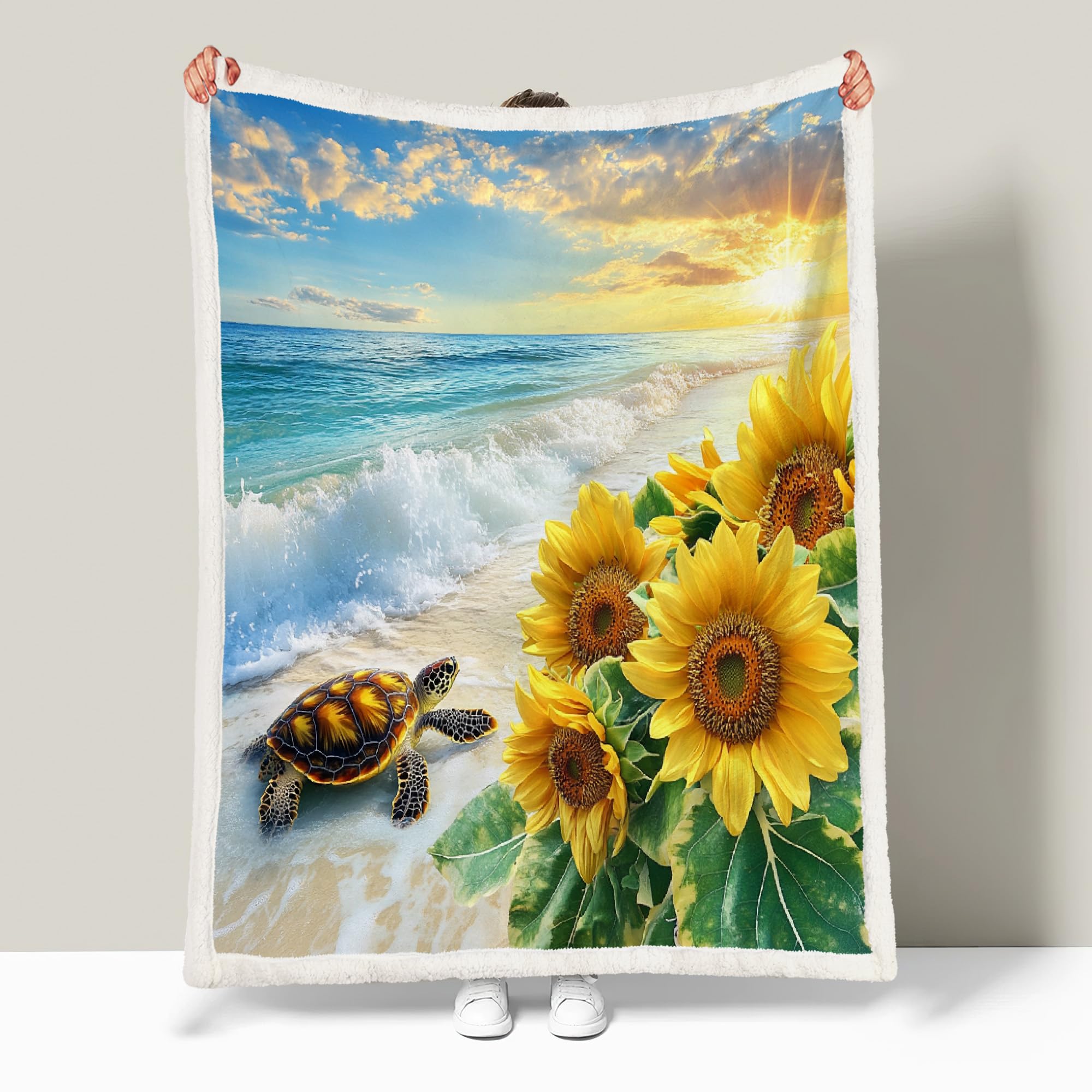 Générique Tournesols sur La Plage Couverture Polaire Epaisse Hiver Adulte 3D Tortue Mer Plaid Canape Chaud Doux en Flanelle Jeté de Canapé pour Couvre lit 2 Personnes pour Fille Garcon 150x200 cm