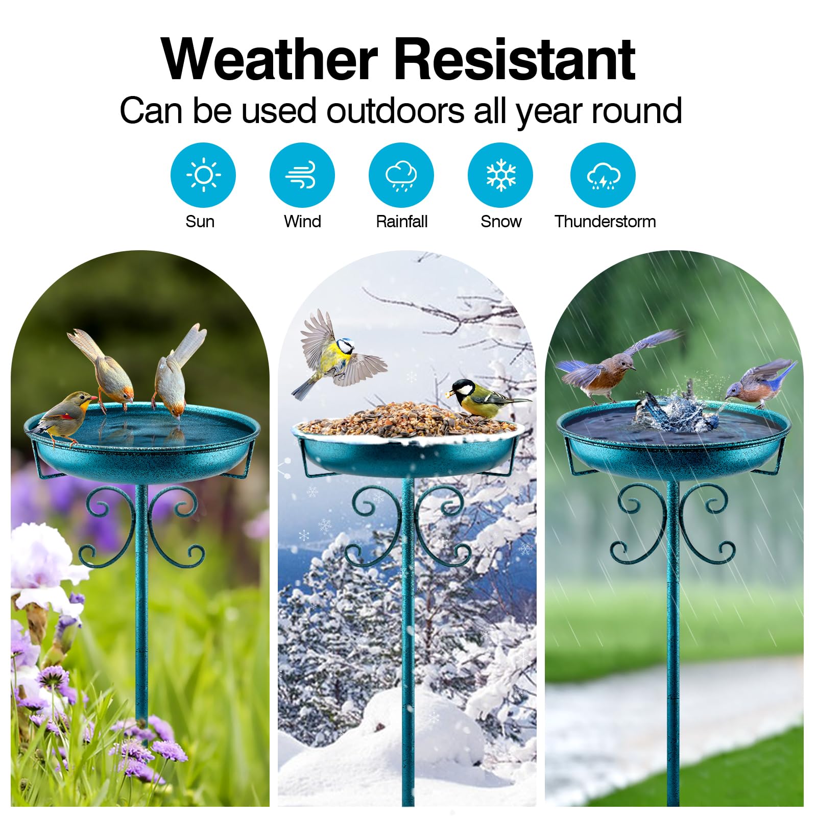 Daoeny Baño de metal para pájaros de 35 pulgadas para exteriores, bañeras para pájaros y comedero de pájaros, cuenco para exteriores, jardín, patio, decoración de césped, base mejorada de 5 puntas