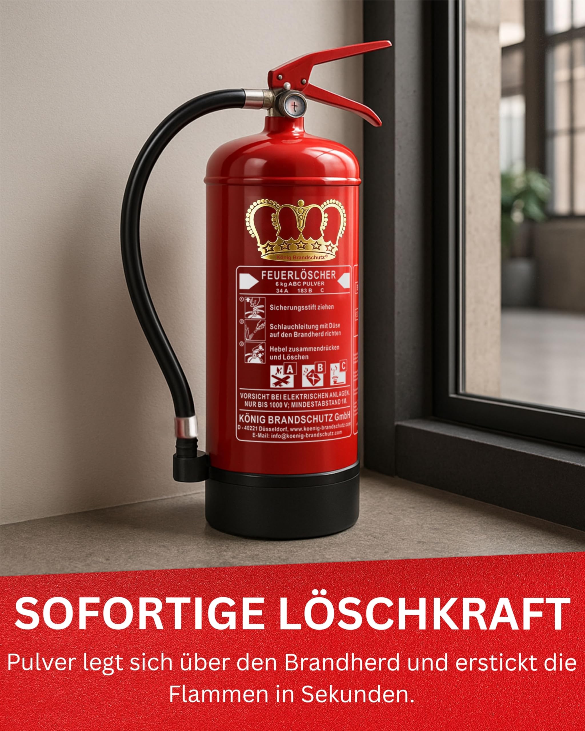 KÖNIG BRANDSCHUTZ- König Feuerlöscher Pulver | 6 kg | Geeignet für die Brandklassen - ABC | nach DIN EN3 | Dauerdruck 10 LE | Vielseitig einsetzbar | Inkl. Wandhalterung mit Manometer