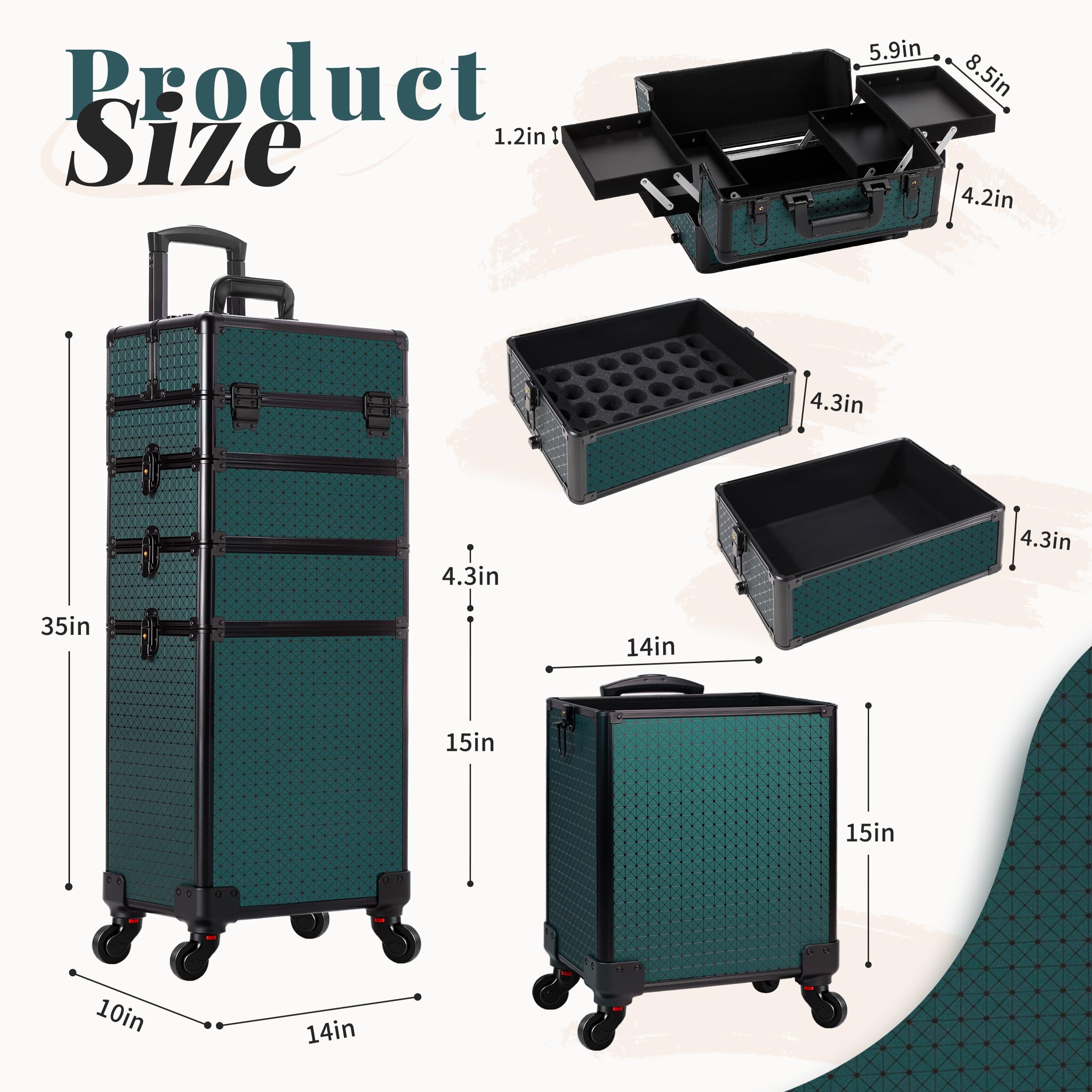 Arous 4-in-1 Professioneller Make-up-Zugkoffer, multifunktionaler Kosmetikwagen mit 360° drehbaren Rädern, Schlüsseln, großer Stauraum, Reisewagen, Kosmetik-Zugkoffer für Nageltechniker