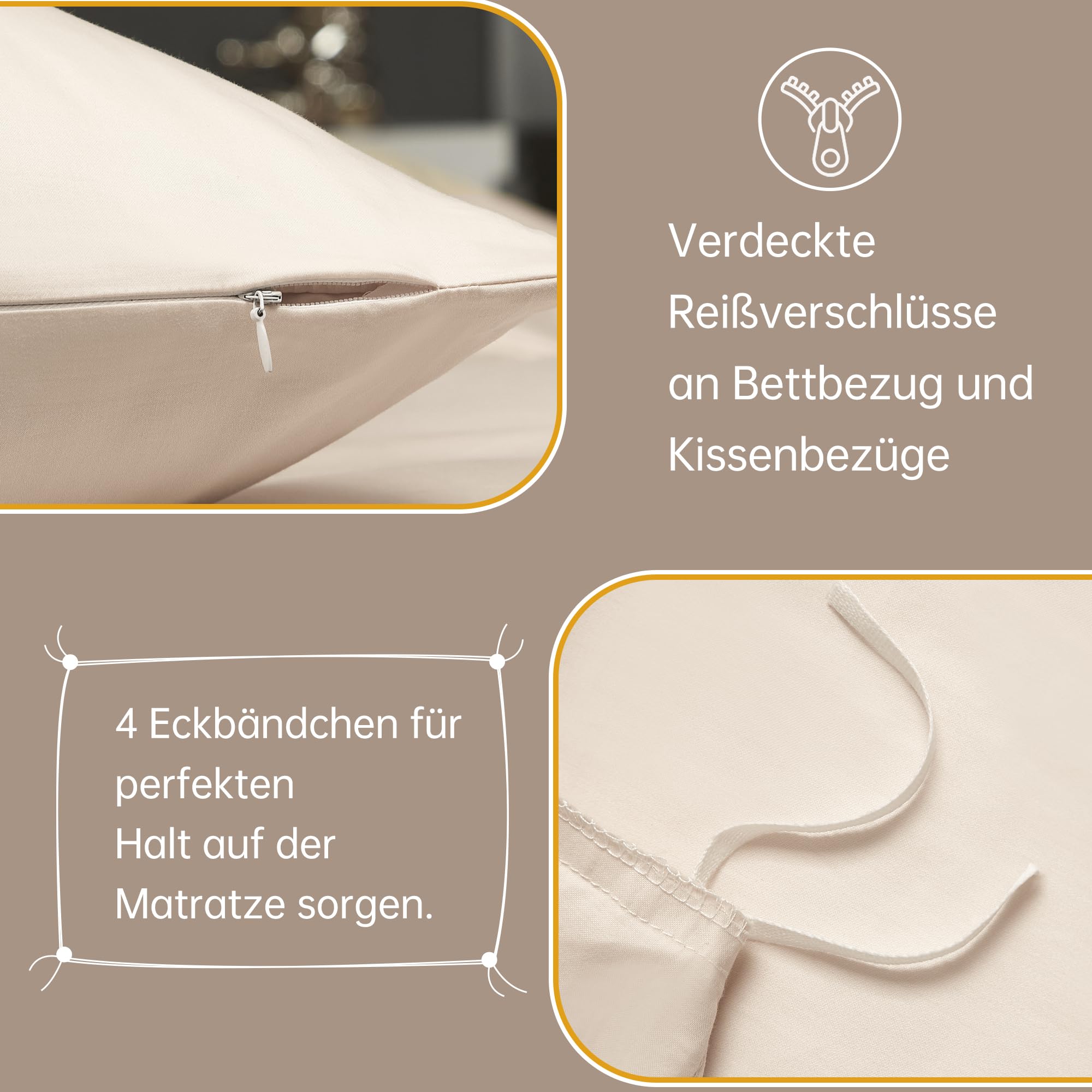 Luofanfei Kühlend Mako Satin Bettwäsche 200x200 Baumwolle Sommer Beige Glatt Muster Atmungsaktiv Bettwäscheset Weich und Bügelfrei Uni Bettbezug und 2 Kissenbezüge 80x80 cm