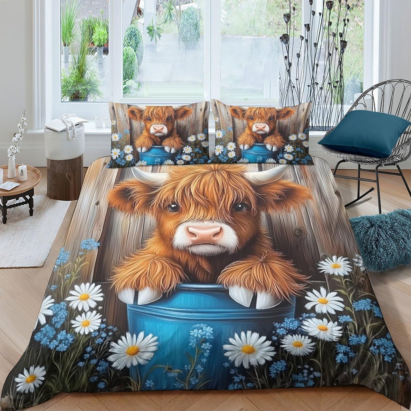 Ctjqhvkz Style-5 3D Printed Highland Cow Fitted Sheet Microfiber Soft Brown Daisy Flower Bed Sheet For Bedroom Dorm Room Decor Single（135X200cm）