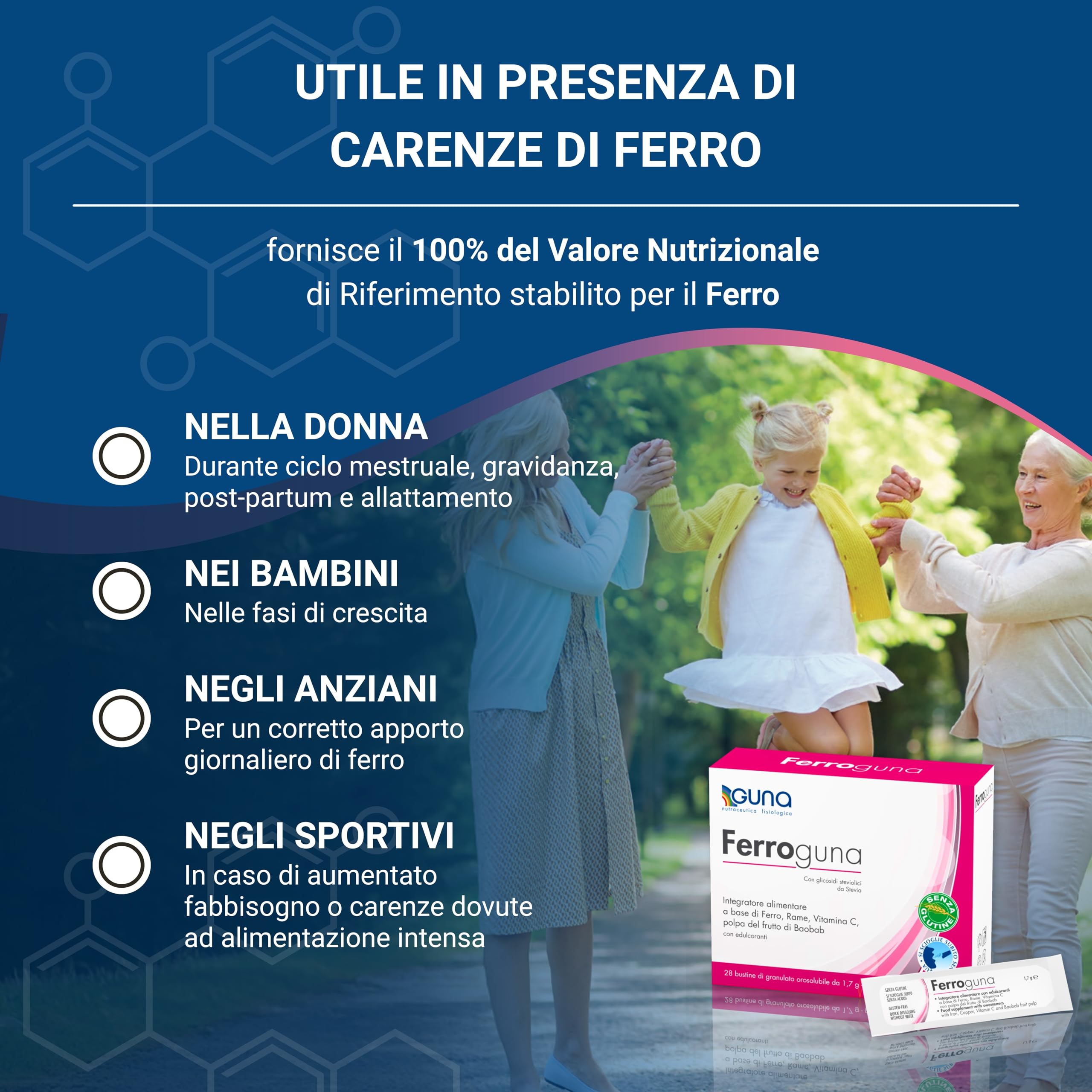GUNA Ferroguna 28 Bustine Orosolubili - Integratore Alimentare a Base di Ferro, Rame, Vitamina C, con Polpa Disidratata del Frutto del Baobab