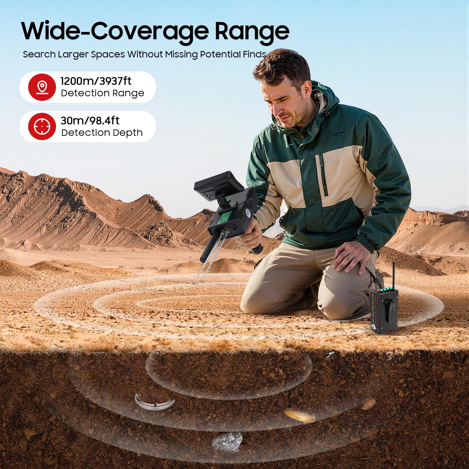 Detector de Metales de largo alcance 30 m profundidad, detector de oro de alta precisión, 1200 m alcance, escáner de oro subterráneo con pantalla LED 3D, cazador tesoros telecontrolado para plata