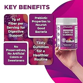 Vitamatic Prebiotic Fiber Gummies for Adults, 7G Extra Strength, Zero Sugar Added, 240 Pectin Based Gummies, Digestive Health & Regularity Support