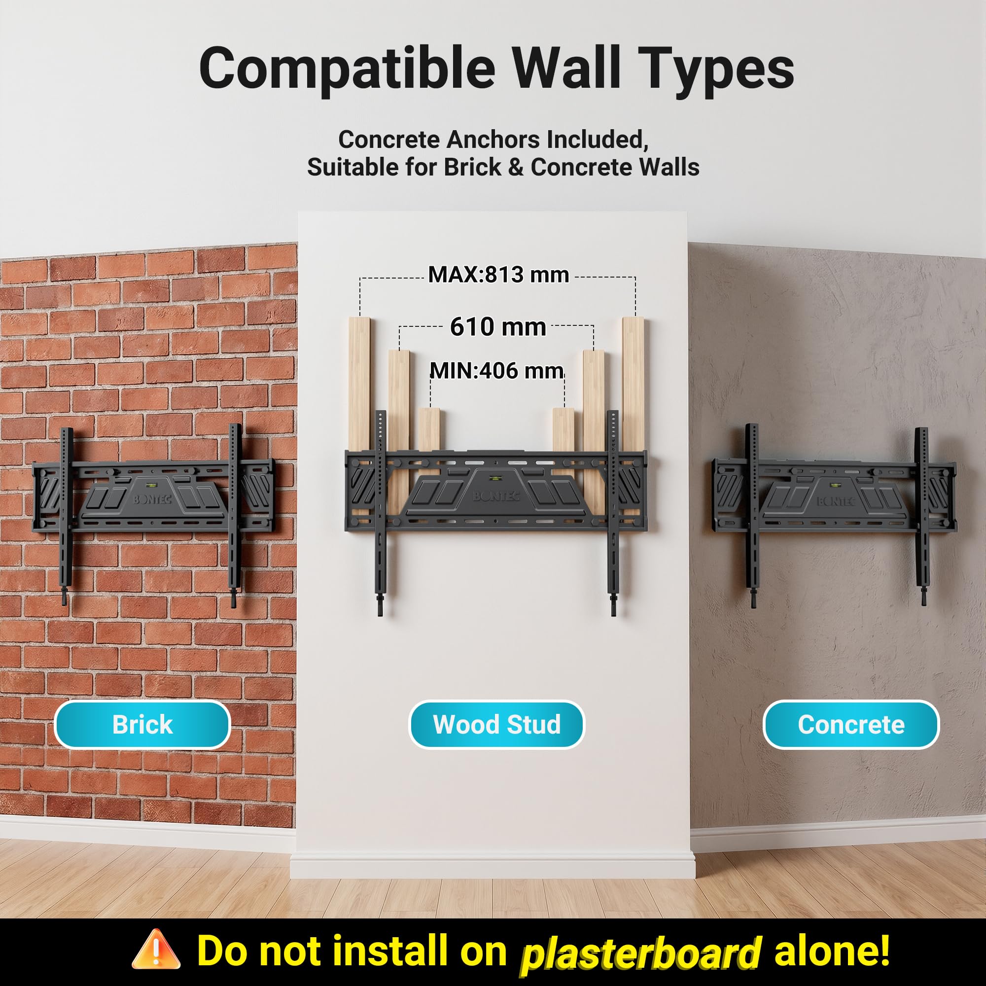 BONTEC Soporte Fijo de Pared para TV de 43 a 100 Pulgadas, Pantallas Planas y Curvas, Perfil Ultrafino de 23 mm, Hasta 100 kg, VESA 800x600 mm, Placa de una Pieza, Cierre de Seguridad Automático