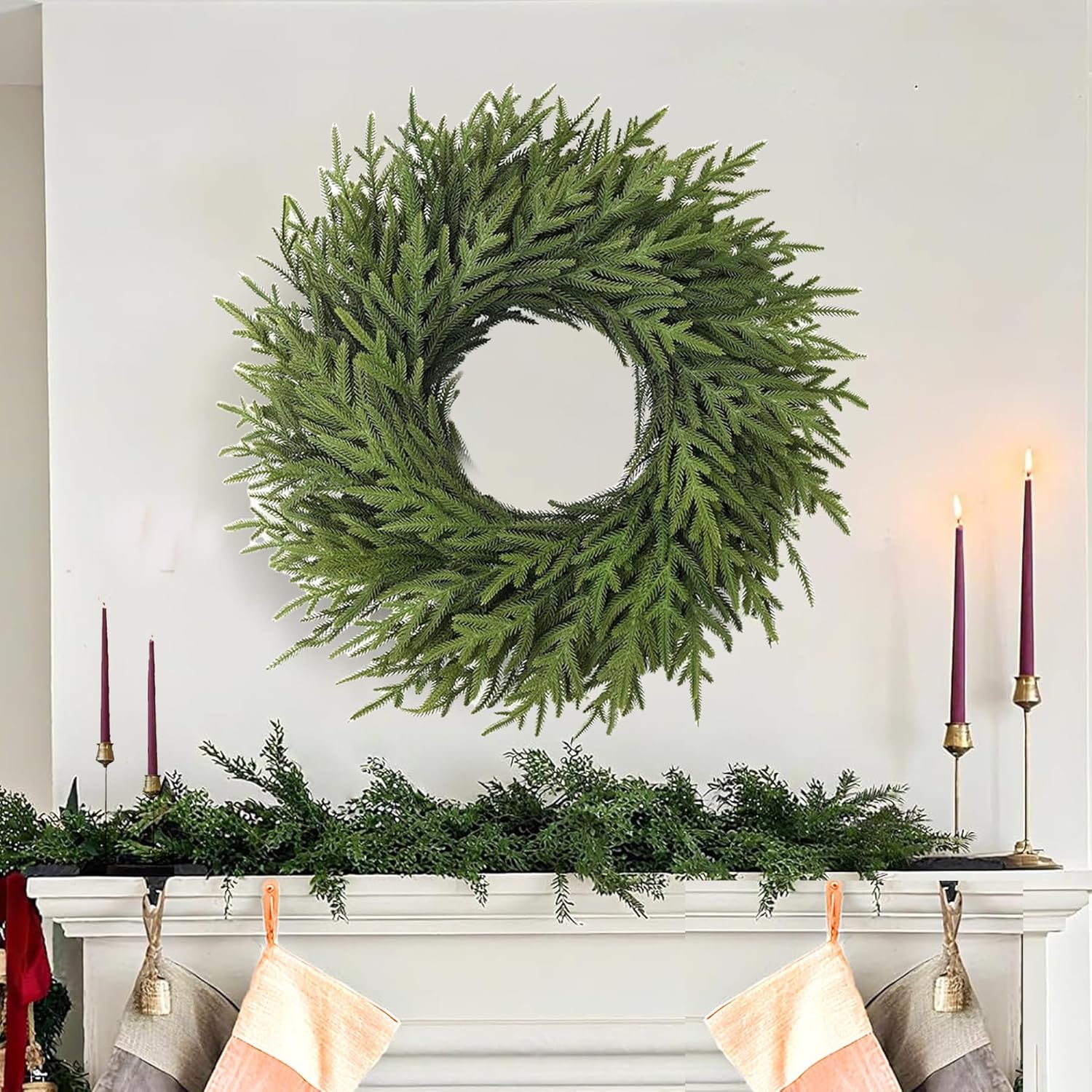 Christmas Wreaths 26" Norfolk Pine Wreath for Front Door, Artificial Christmas Wreaths Faux Green Fake Pine Needles Wreath for Front Door Wall Windows Indoor Outdoor Christmas Decor - Image 5