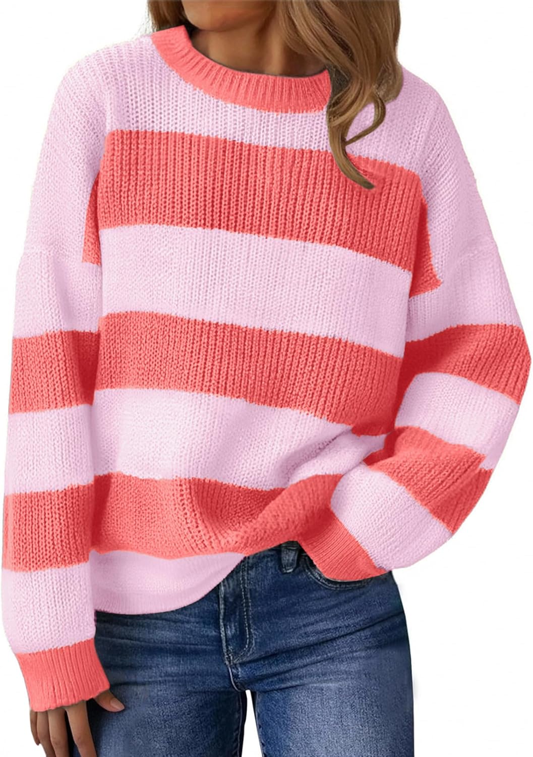 SunnyMelody Womens Cute Color Block Striped Sweater Fall 2025 Pullover Knit Tops - Ribbed Crew Neck, Lightweight, Loose Fit