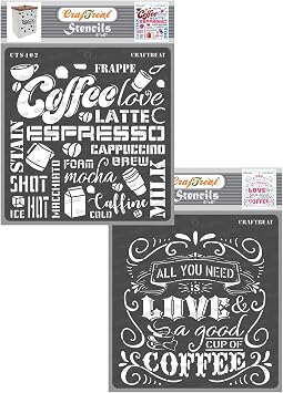 CrafTreat Reusable Stencils for Painting on Wood, Canvas, Paper, Fabric, Floor, Wall - Coffee Love and Coffee - 2 Pcs - 6x6 Inches Each - DIY Art and Craft Stencils for Home Decor - Quotes Stencils