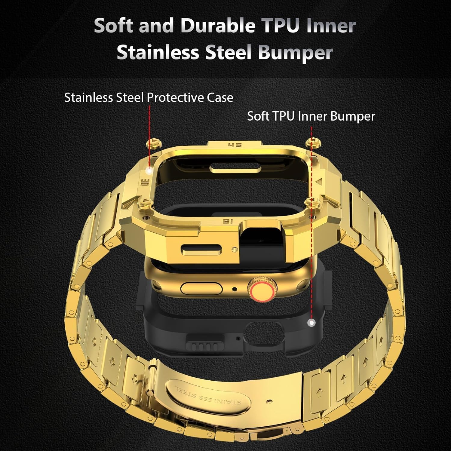 Business Stainless Steel Case with Band Compatiable for 49mm Apple Watch Ultra bands for men, Rorust Metal Apple Watch Bumper Case Cover with Solid Replacement Strap for iWatch Band Ultra 2/1,Gold - Image 8