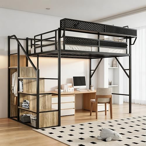 Queen Size Metal Loft Bed with LED Lights and USB Charging Port, Storage Shelf, Reversible Storage Stairs with Wardrobe, Heavy Duty Noise-Free Design, Large Under Bed, No Box Spring Needed