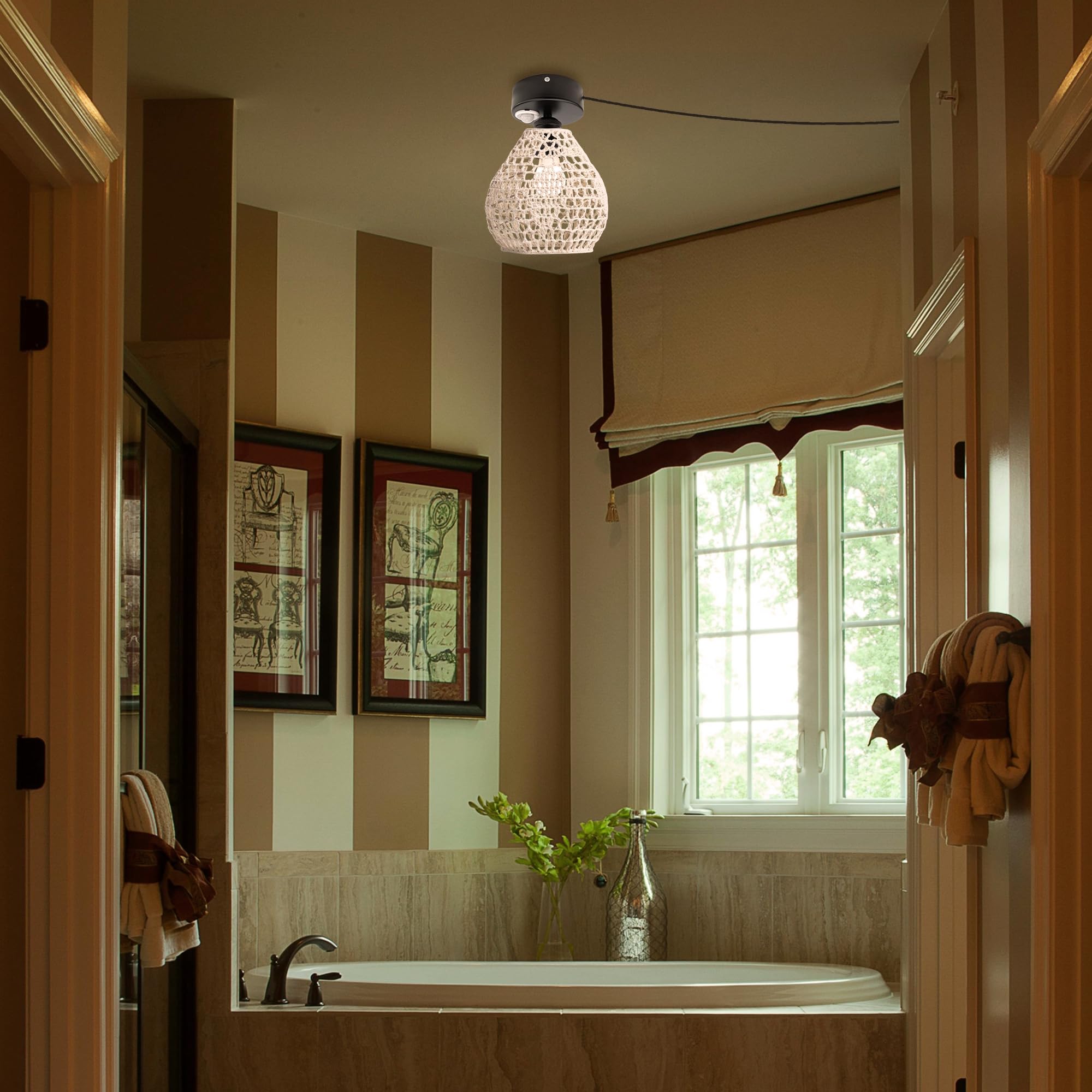 Lampada da soffitto con sensore di movimento interno, stile boho rattan, lampada da soffitto radar, sensore di movimento con cavo da 4,5 m e portalampada E27, per corridoio, bagno, scale,