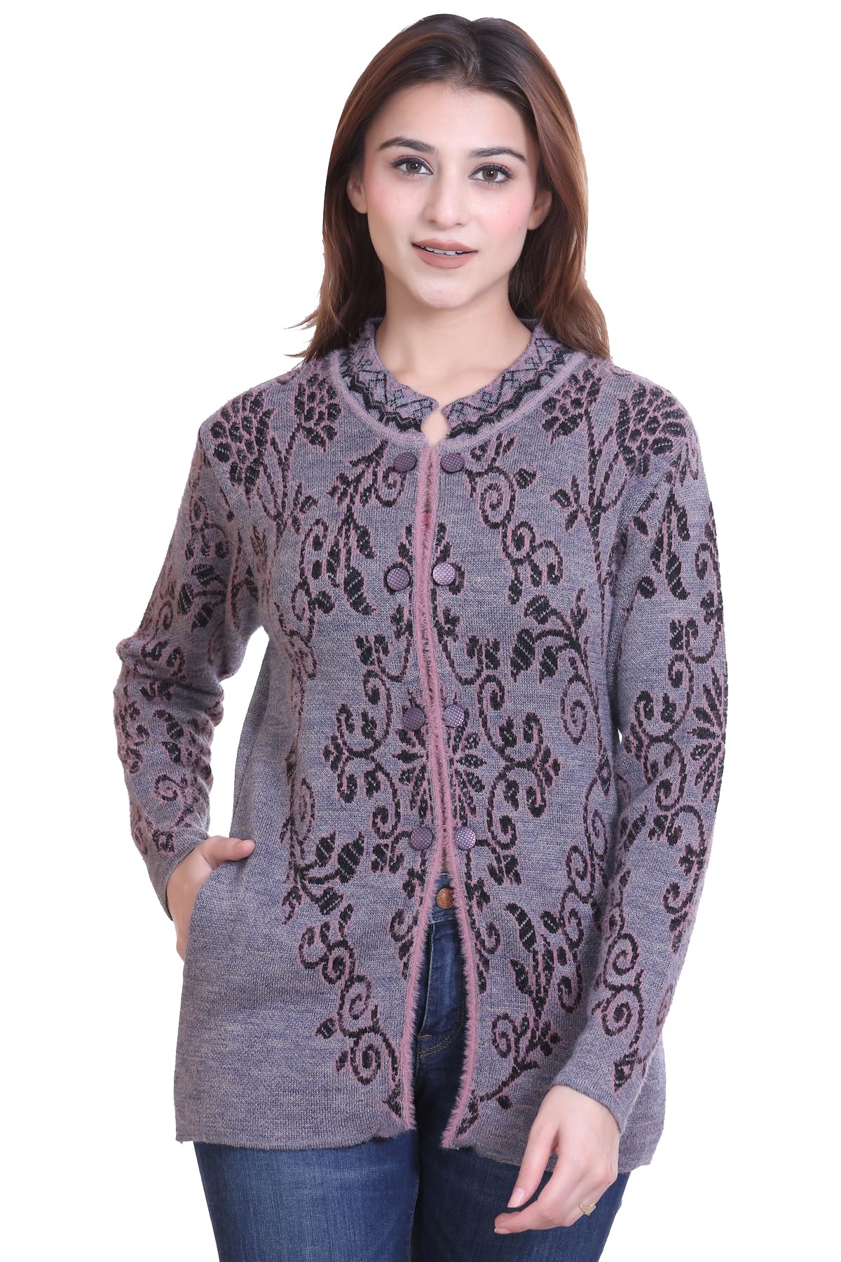 aarbee Round Neck Full Sleeve Woollen Cardigan for Women with Pockets-picture-43