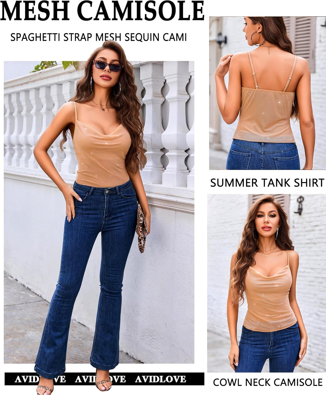 Avidlove Women's Mesh Camisole Cowl Neck Tank Top Cami Sequin Basic Tank Shirt Blouses - Image 2