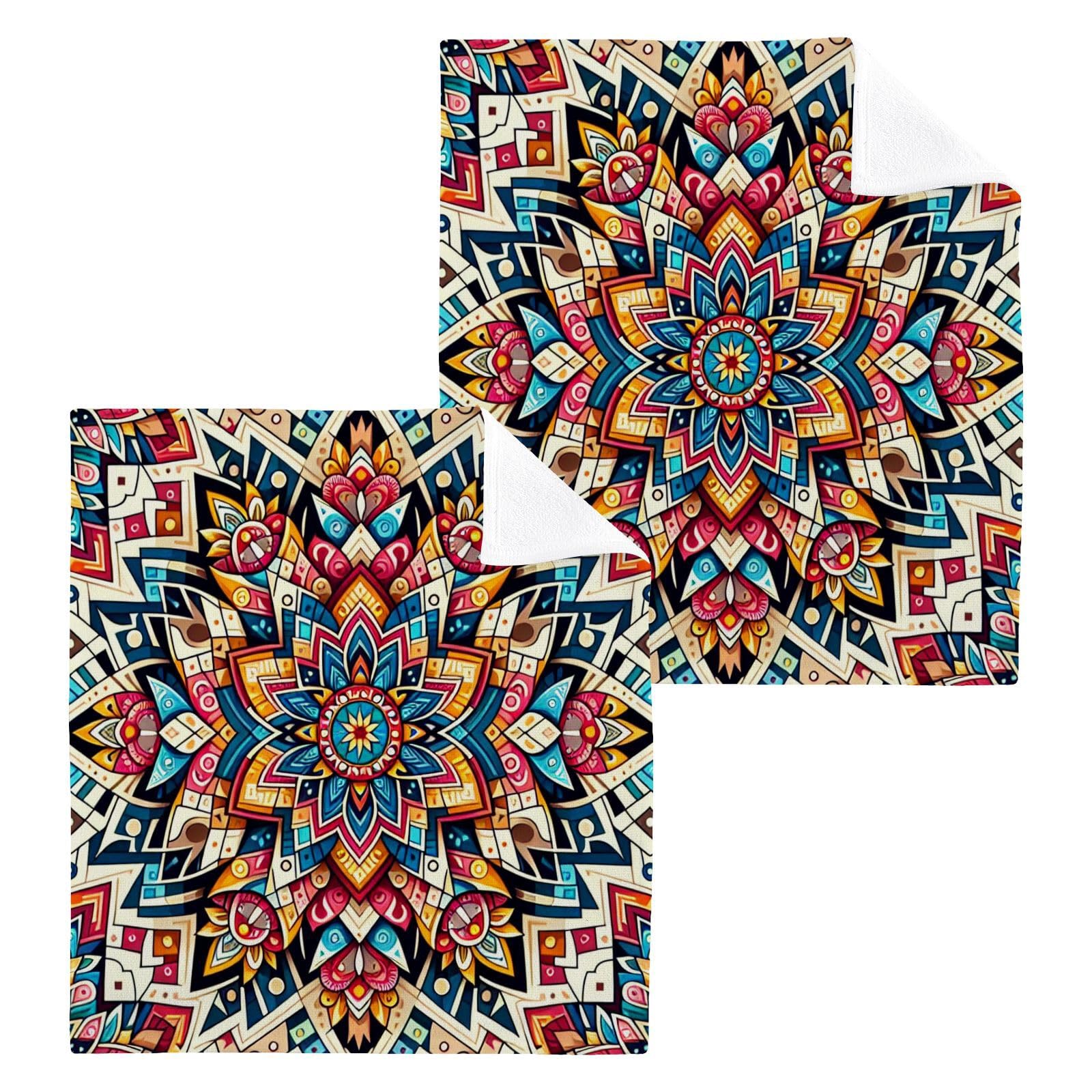 YANENDIE Ethnic Mandala Washcloths Towels, Highly Absorbent and Soft Cotton Face Cloths, 2 Pack Quick Dry Wash Cloths - 12 X 12 Inches