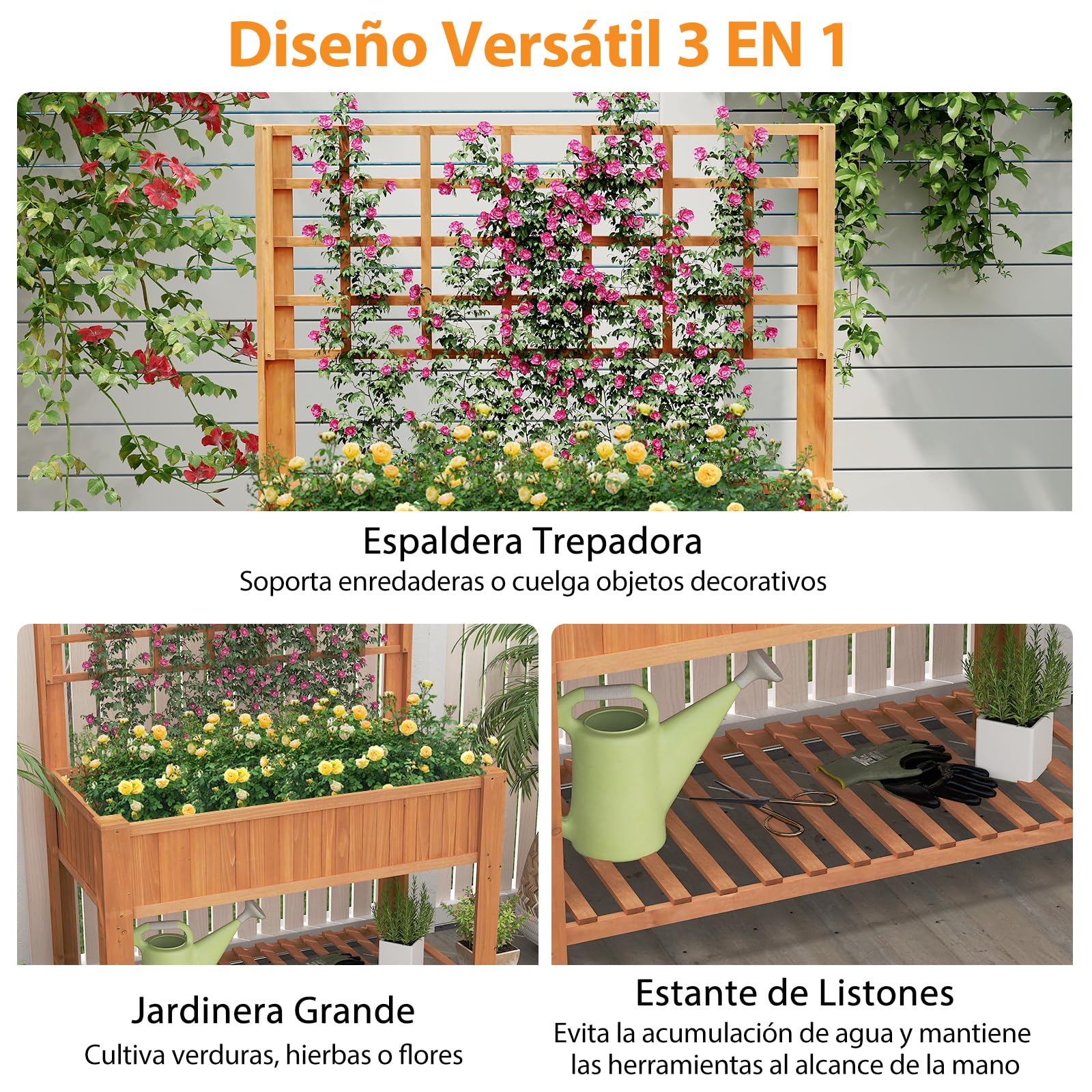 Cama de Jardín Elevada con Espaldera, Jardinera Elevada de Madera con Patas, Revestimiento, Estante de Almacenamiento y Agujeros de Drenaje para Plantas Trepadoras, Vides, Verduras, Hierbas (Marrón)