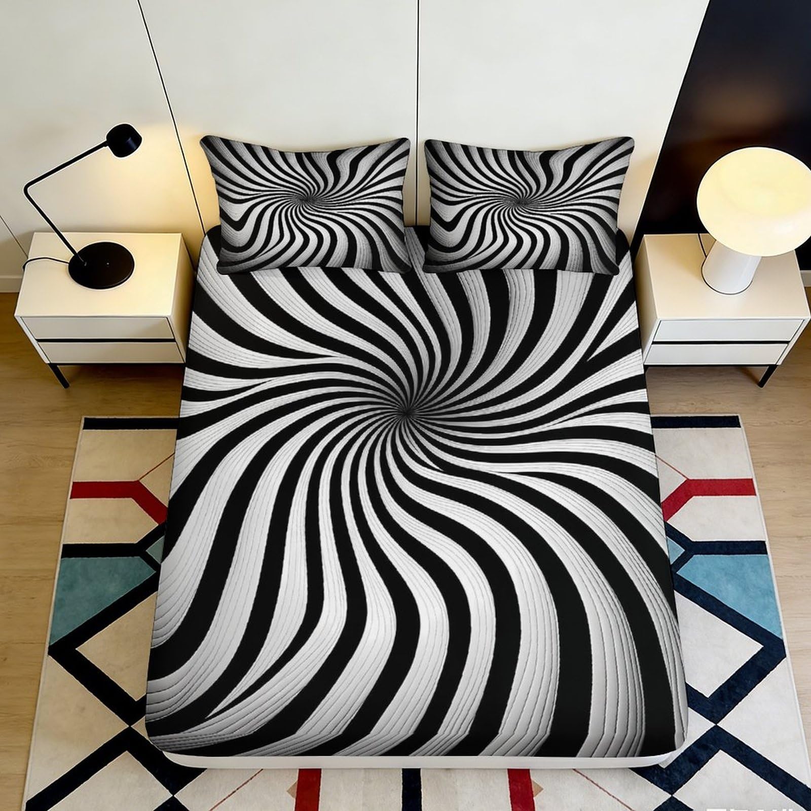 3D Printed Black White Swirl Fitted Sheet Microfiber Hypnotic Spiral Bed Cover for Bedroom Dorm Mattress Decor 90x200x25cm