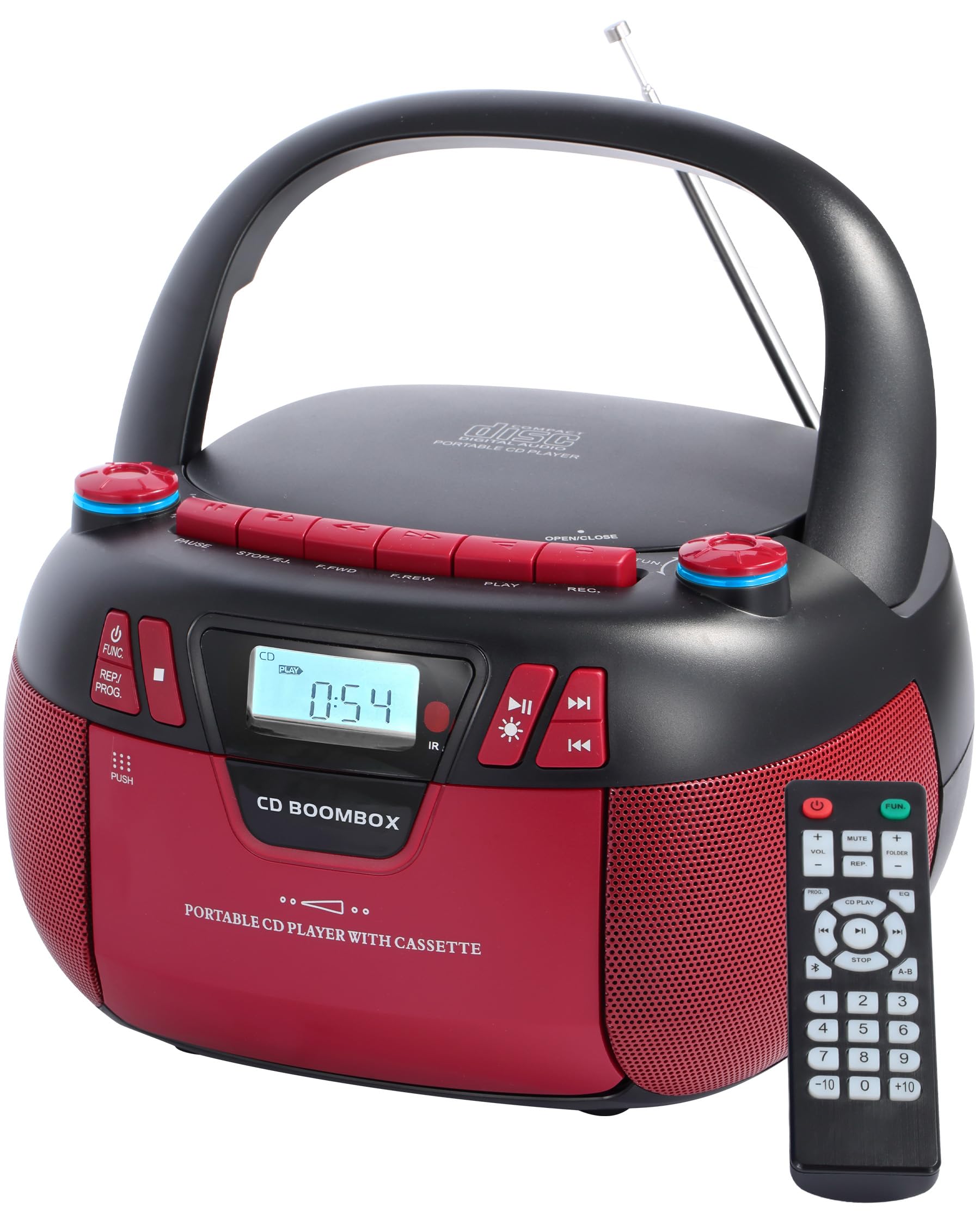 Boombox CD Player with Bluetooth and Cassette Player | Portable AM/FM Radio, MP3/USB/AUX Input, Stereo Sound System with Recorder, AC & Battery Powered for Home & Outdoor