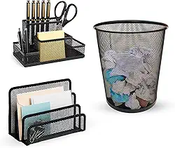 Kit Organizador de Mesa de Escritório com 3 Itens, Kit Escritório, Acessórios para Escritório, Lixeira 10 Litros, Organizador de 4 Divisórias e Porta Papel (Basic)