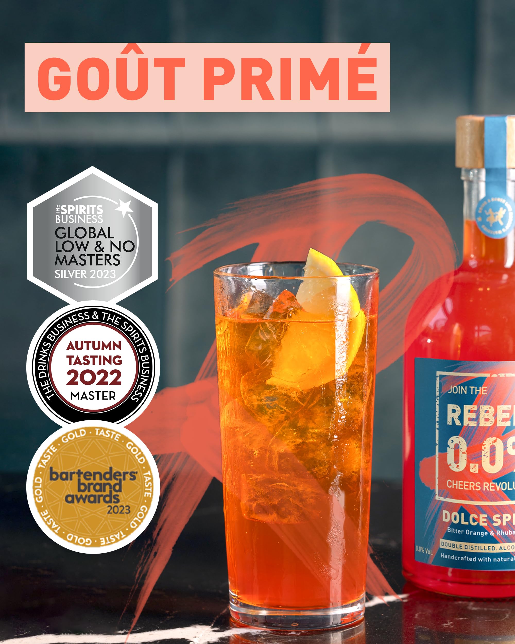REBELS 0.0% Dolce Spritz Sans Alcool | Distillé deux fois pour un arôme intense | Goût primé | Végan | Botaniques naturels | À mixer pour un cocktail sans alcool | Boisson sans alcool 500ml