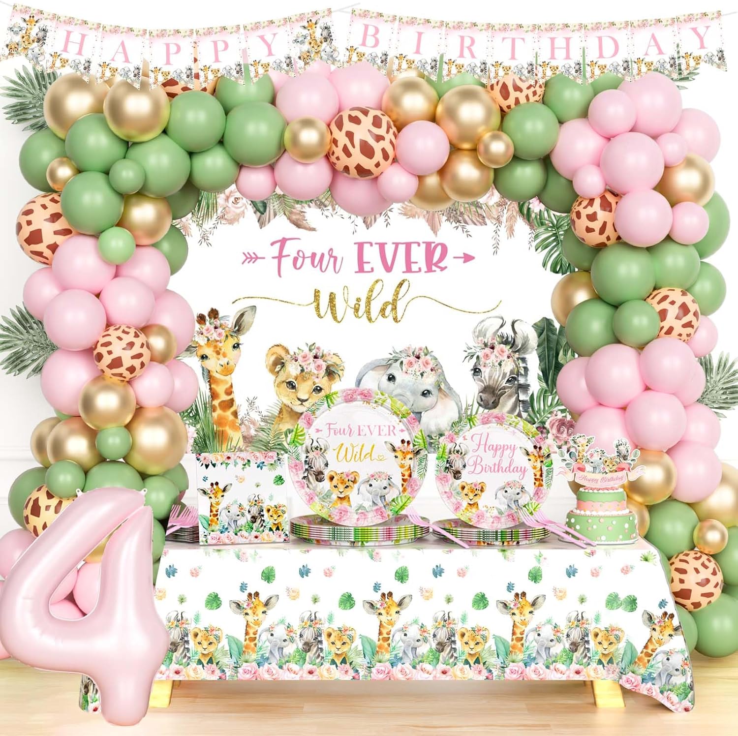 Hombae Four Ever Wild Birthday Decorations Girl, Safari 4th Birthday Decoration, Jungle Animal 4 Year Old Wild Birthday Supplies Backdrop Balloon Banner Tablecloth Cake Topper Plates Napkins Forks