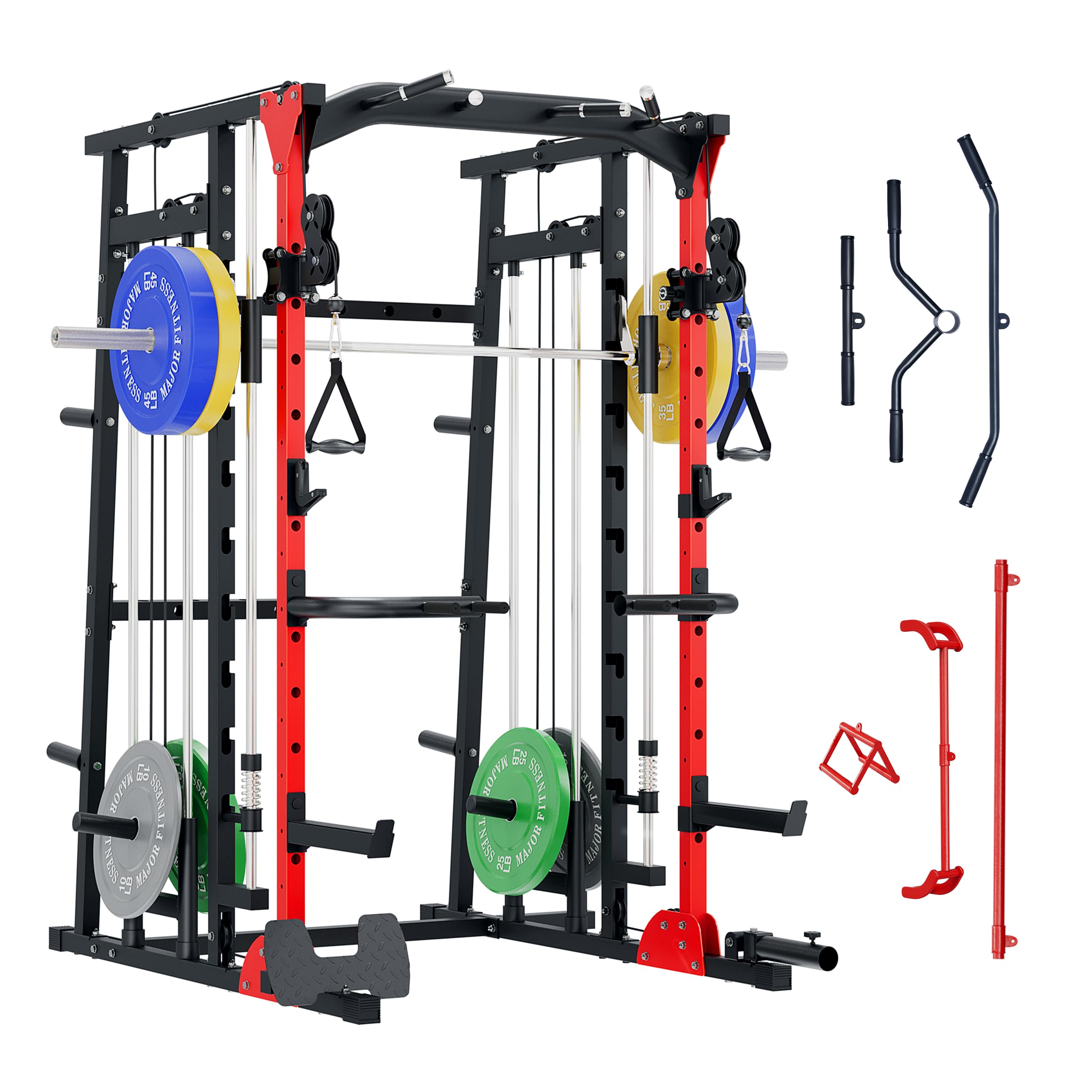 Major Fitness SML07 Machine All-in-One Home Gym Power Cage with Weight Bar and Two LAT Pull-Down Systems and Cable Crossover Machine, Exercise Attachment