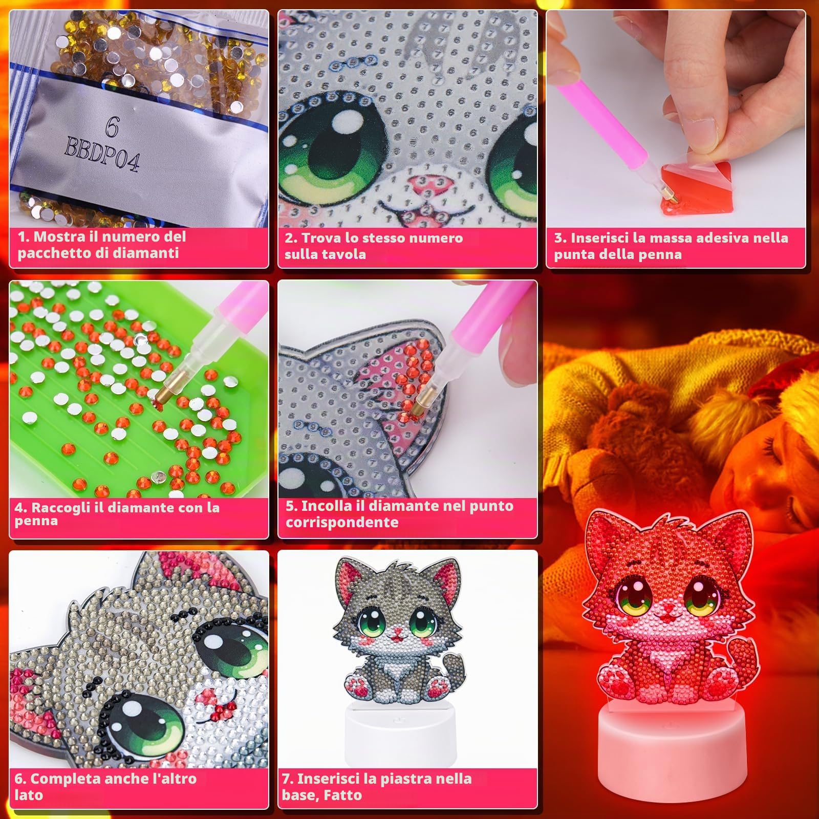 Diamond Painting Luce Notturna Regali Per Ragazze 5 6 7 8 9 10 Anni 3D Creative Diamond Painting Lampada Gatto Grigio, Regalo di Natale per Bambini dai 6 ai 12 anni