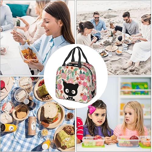 Miniatura 9 de Bolsa de almuerzo con diseño de flores de gato negro para hombres y mujeres, pequeña lonchera aislada, reutilizable, portátil, bolsas de mano para