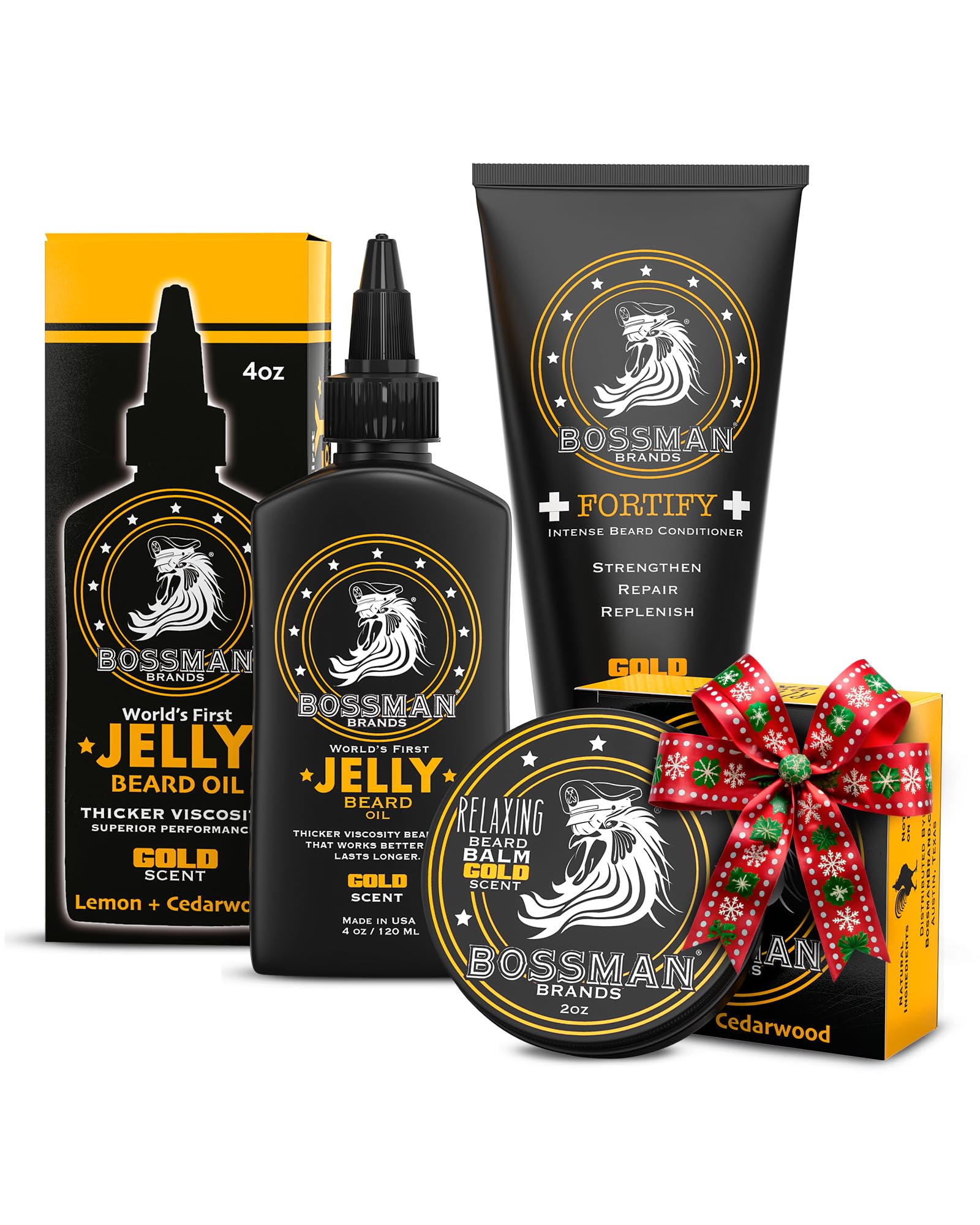 Bossman Essentials Beard Kit for Men, Set of 3 - Beard Oil Jelly, Fortifying Conditioner Cream, Beard Balm - Grooming Growth Care Accessories - Gift Set for Men (Gold)