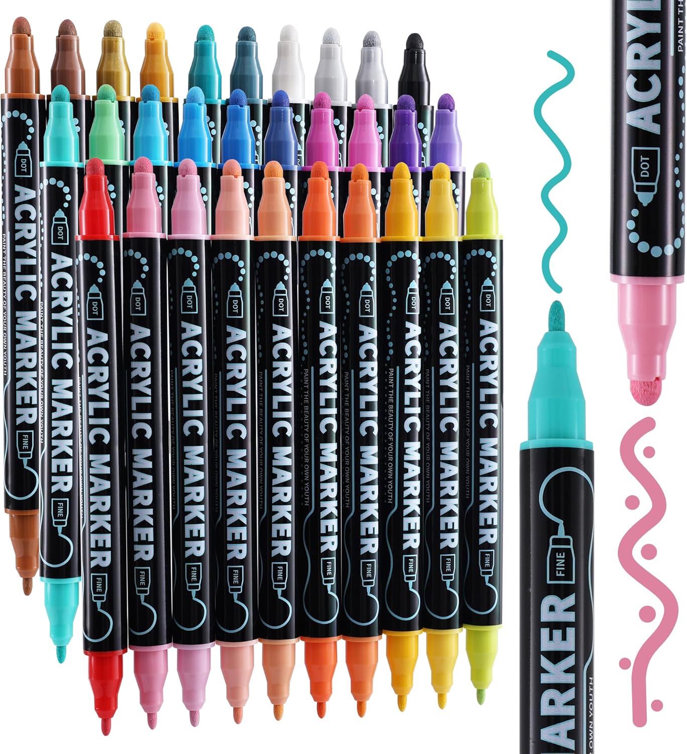 nauets 30 Colors Dual Tip Acrylic Paint Markers, Dot & Fine Tip Acrylic Paint Pens for Rock, Wood, Fabric, Canvas, Glass, Scrapbook, Paper, Ceramic, Egg, DIY Crafts Supplies-Junk Journal Supplies