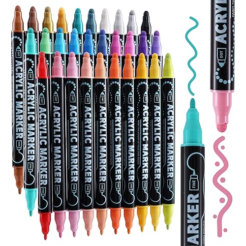 30 Colors Dual Tip Acrylic Paint Markers, Premium Dot & Fine Tip Coloring Paint Pens for Rock, Wood, Fabric, Canvas, Glass, Paper, Ceramic, Scrapbook, Vision Board and DIY Crafts Supplies Art Gifts