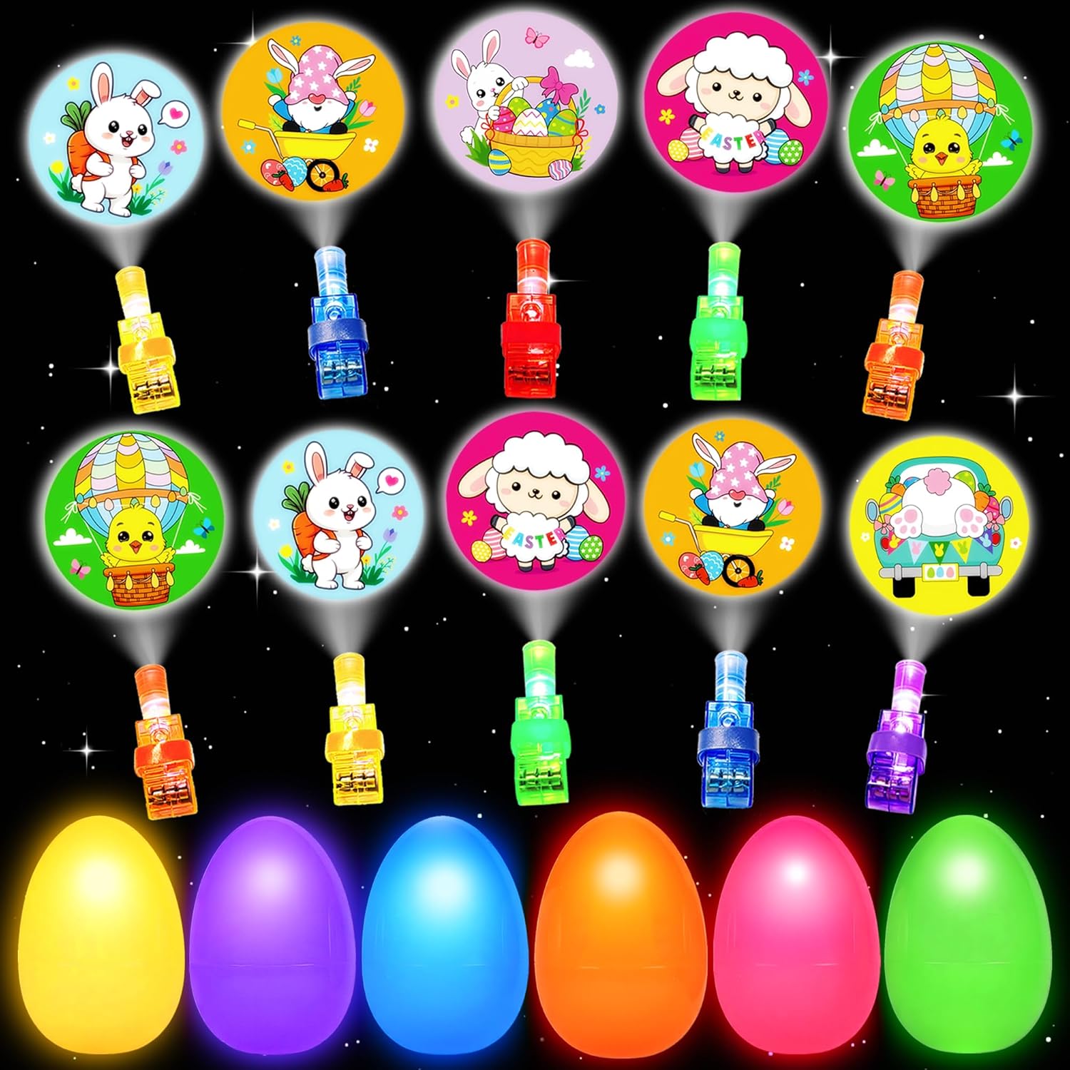 24 Pack Prefilled Easter Eggs with Animal Finger Lights, Easter Egg Stuffers for Kids, Glow in the Dark Easter Eggs, Party Favor Toy Gifts for Boy Girl, Classroom Rewards