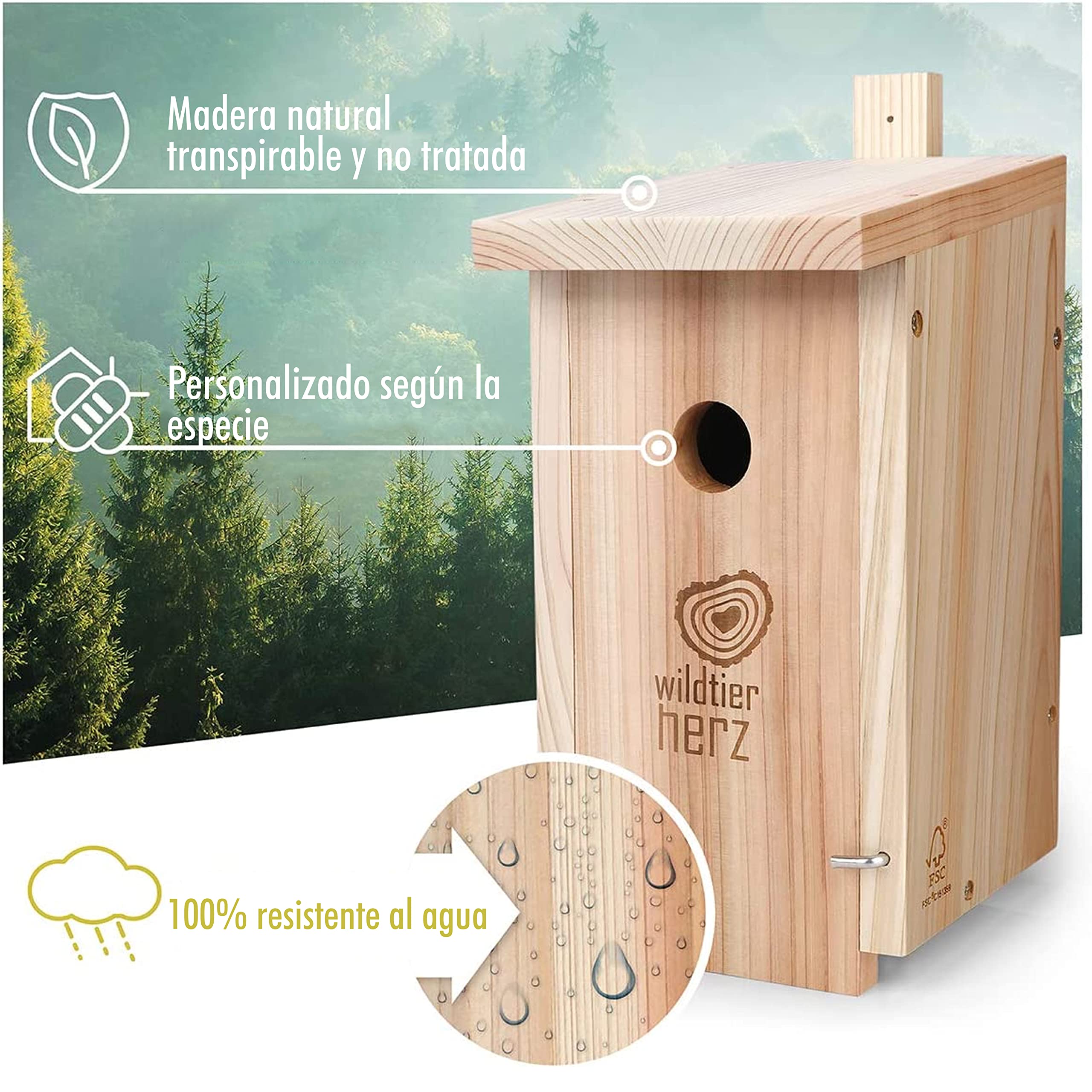 corazón Animal Salvaje | Nido para Carbonero Común - atornillada, sin Tratar, Resistente a la Intemperie, casa para pájaros, Ayuda para nidos con Orificio de Entrada de 32 mm