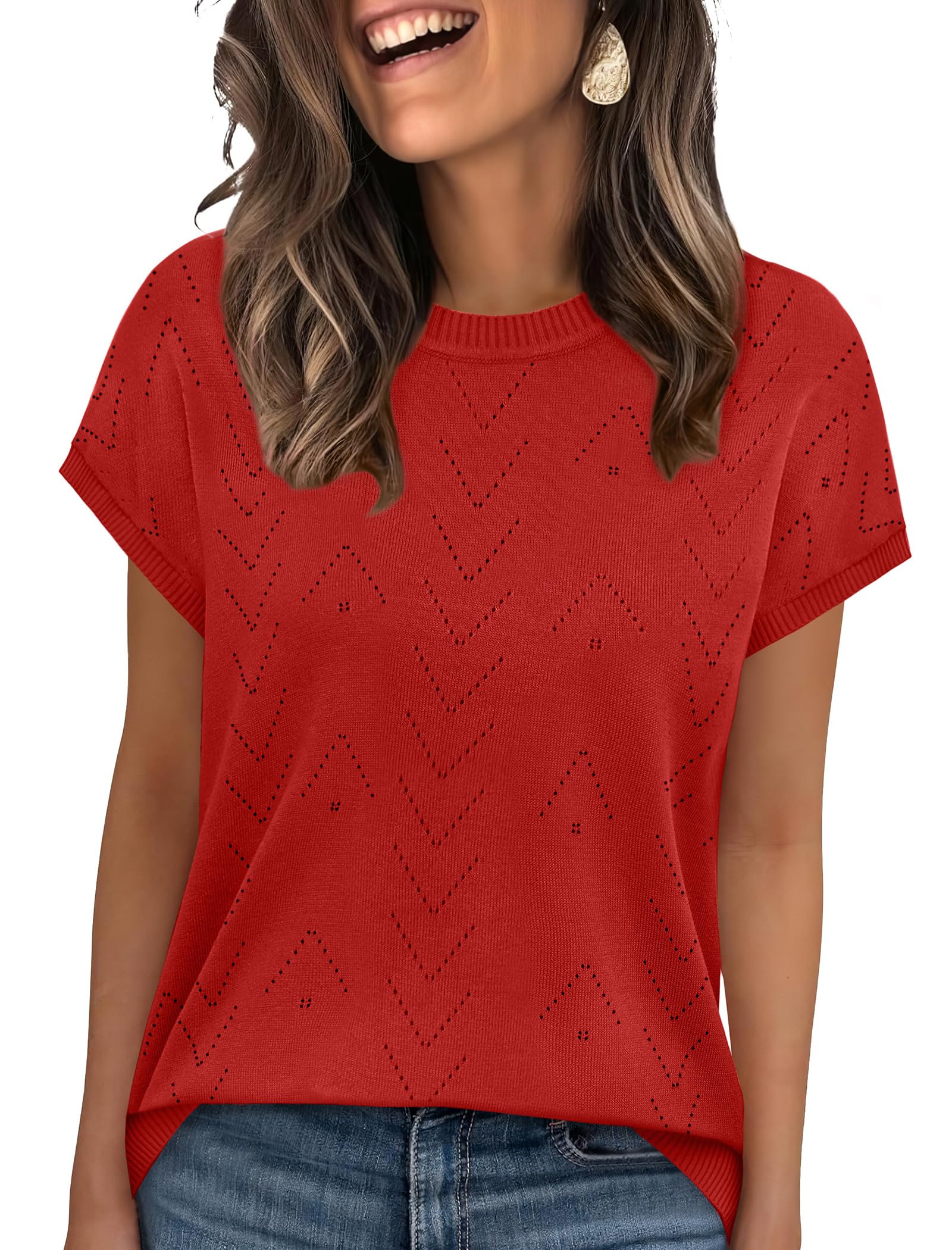 Sampeel Short Sleeve Sweaters for Women Crew Neck Summer Tops 2026 Trendy Beach Vacation Clothes Business Casual Outfits