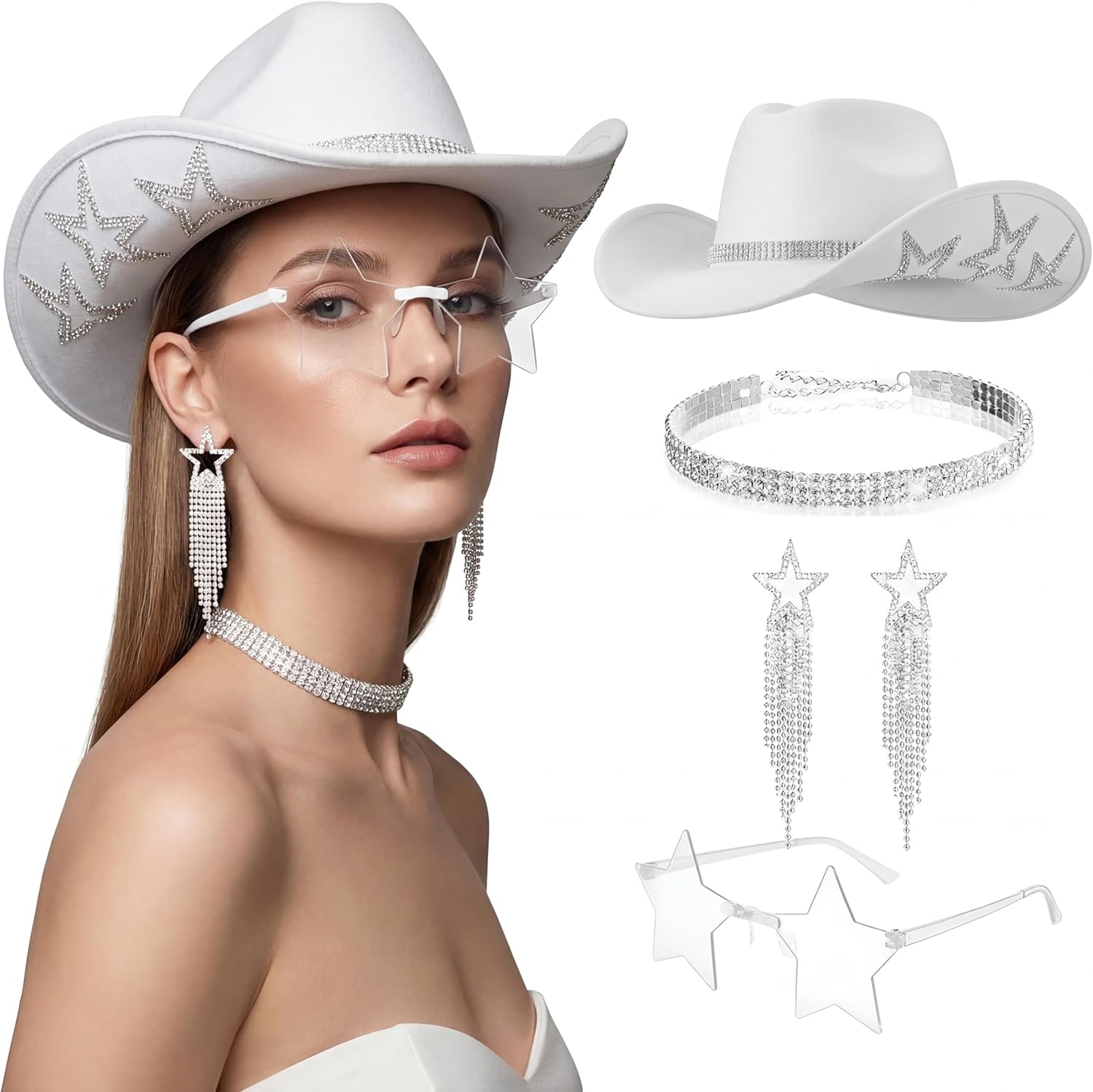 Chicingyou 4 Pcs Cowgirl Hat Necklace Earrings Star Sunglasses Set Western Glitter Rhinestone Star Cowboy Felt Hat for Women