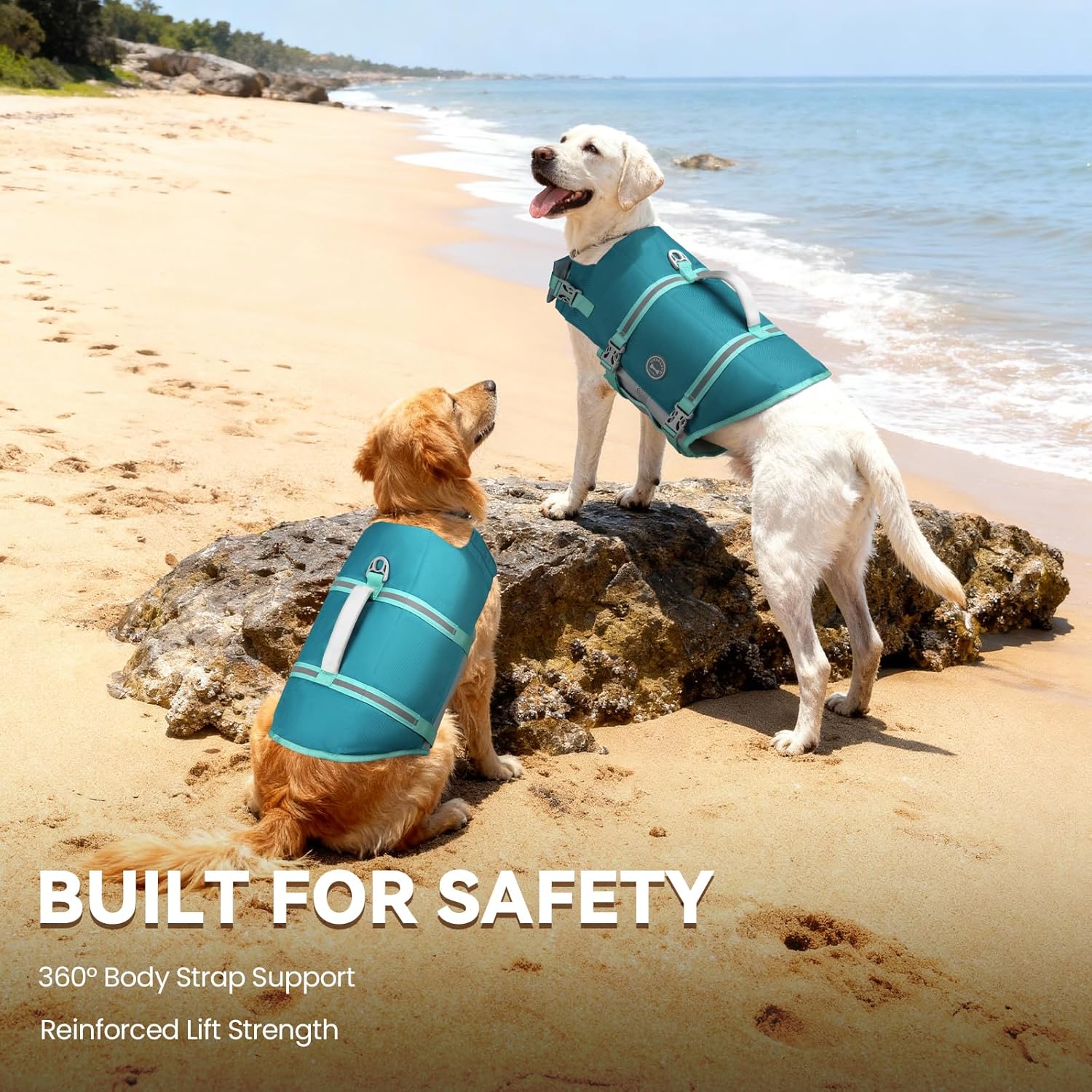 VIVAGLORY Rip Stop Dog Life Vest, Swimming Vest with Handle, Buoyancy for Doggy Puppy, Dog Life Jacket for Swimming & Boating, M, Turquoise