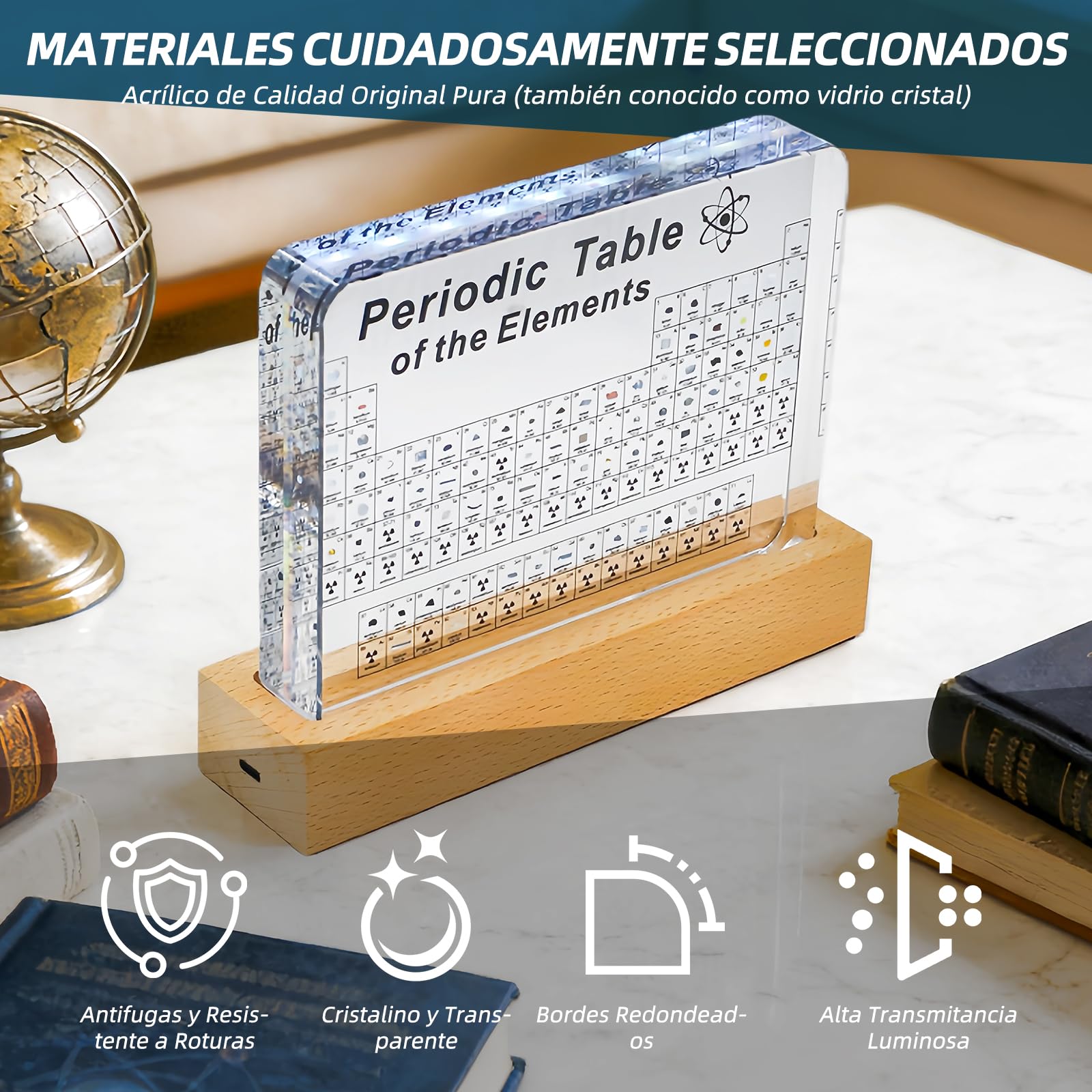 Lámpara de Mesa LED Tabla Periódica con 83 Muestras Reales de Elementos Decoración Científica en Acrílico para Oficina y Habitación Infantil Regalo Educativo Stem Ideal para Estudiantesy Profesores