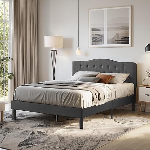 Miniatura 3 de VECELO Base de cama de tamaño matrimonial con cabecera ajustable copetuda, base de colchón, soporte de listones de madera, fácil montaje, color gris