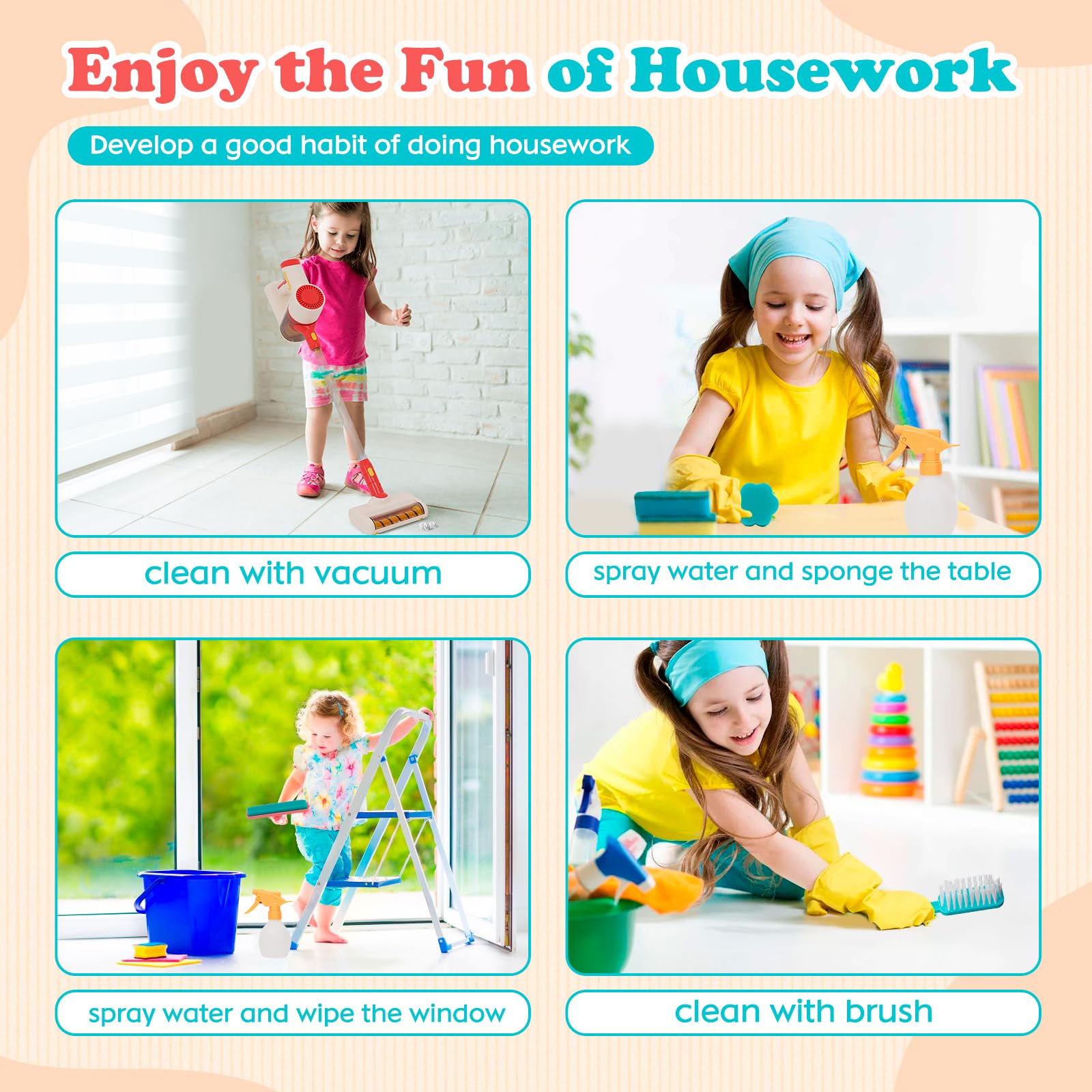 Juguete Aspiradora Infantil, Juego de Juguete de Limpieza Infantil 3 en 1 con Succión Realista y Sonido, Juego de Juguete para Jugar a Limpiar la Casa, Herramientas de Limpieza con Esponja para Niños