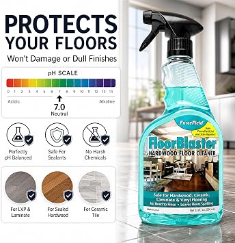 ForceField FloorBlaster Hard Surface Cleaner - Sealed Hardwood, LVP, Tile | No-rinse streak-free spray cleaner for laminate, vinyl, and polyurethane hardwood floors. Removes grease, dirt, and scuffs.