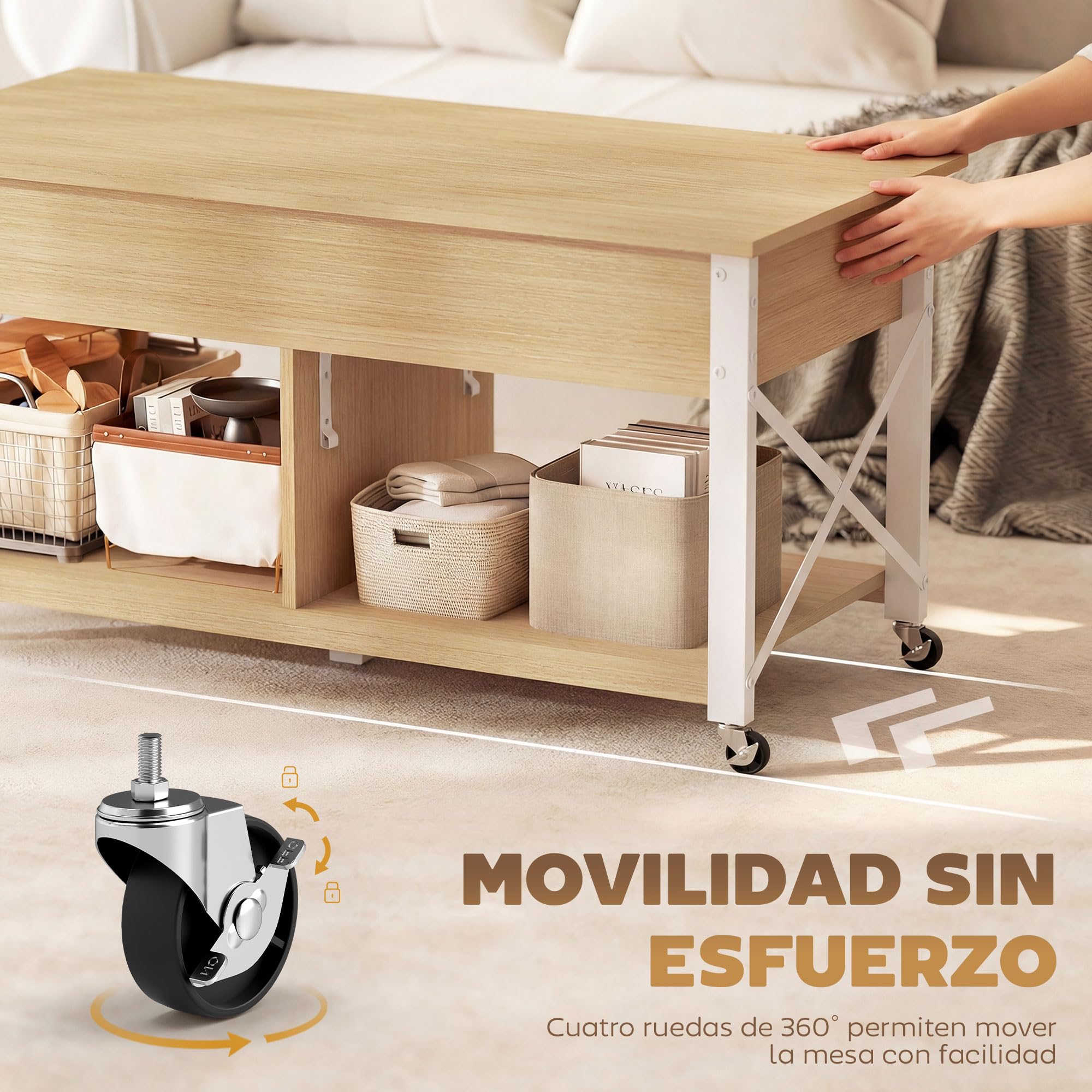 HOMCOM Mesa de Centro Elevable con Ruedas 105x50x67 cm Natural y Blanco | Mesita de Salón con Compartimento Oculto, Estantes Abiertos, Mesa de Café para Comedor, Oficina