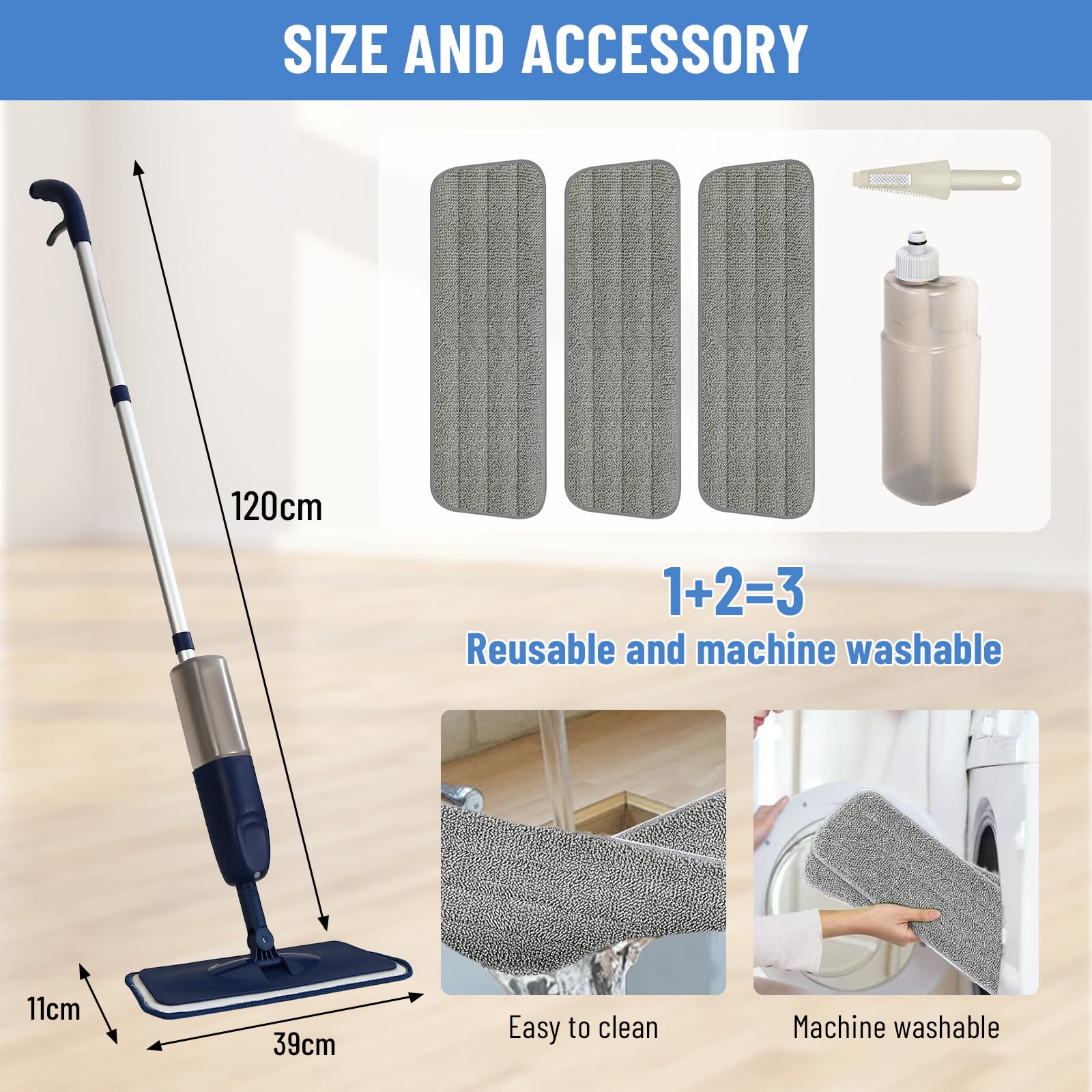 Mop z rozpylaczem, Mikrofibrowy mop z rozpylaczem z pojemnikiem do domu, kuchni, podłóg drewnianych, laminowanych, ceramicznych (Niebieski - 500 ML - 3 Podkładki)