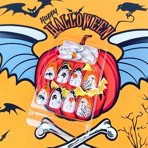 Miniatura 3 de Uñas postizas a presión de punta francesa de Halloween, uñas postizas medianas con calabaza, fantasma, murciélago, araña, diseños de telaraña,