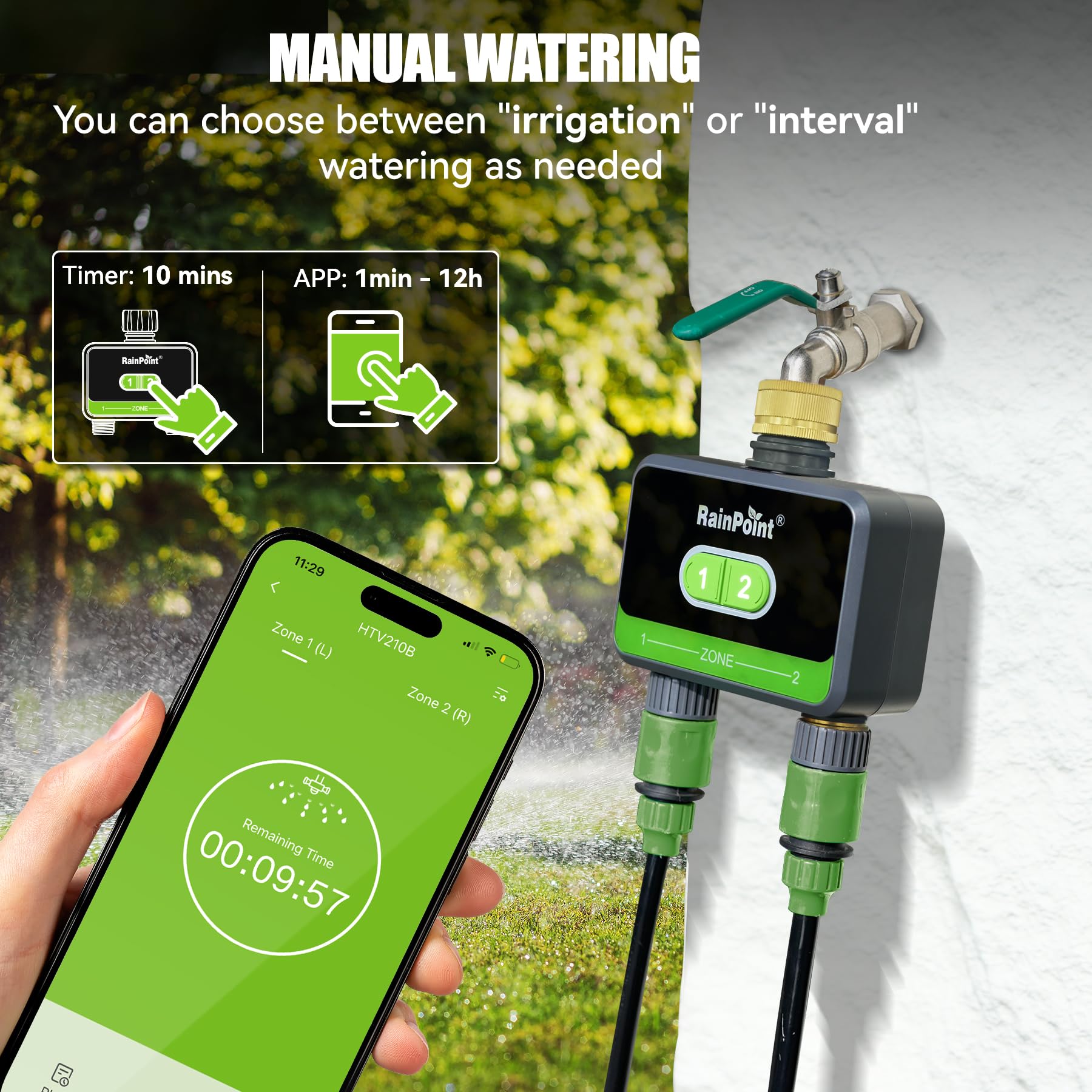 RAINPOINT Bewässerungscomputer WLAN 2 Ausgänge, Messing-Einlass und -Auslass, Automatische Garten Bewässerungsuhr mit App/Sprachsteuerung, WLAN Bewässerungssystem für Gewächshaus Garten