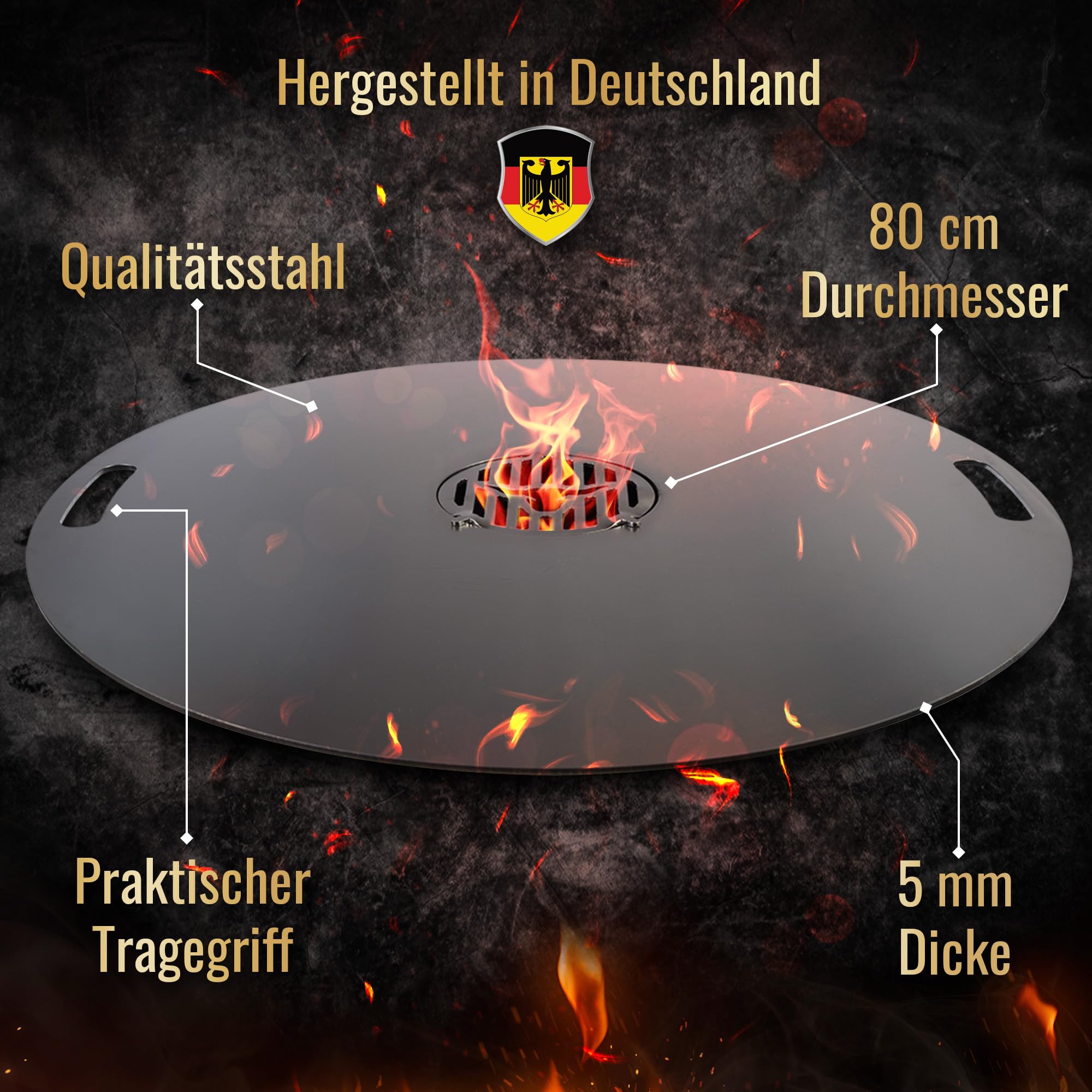 Feuerplatte für Kugelgrill Handgriffe 80 cm, 5 mm Stärke #02 – INKL. Grilleinsatz, Grillplatte für Feuertonne & Feuerschale, Massive Stahlplatte Plancha Grillring für BBQ & Teppanyaki