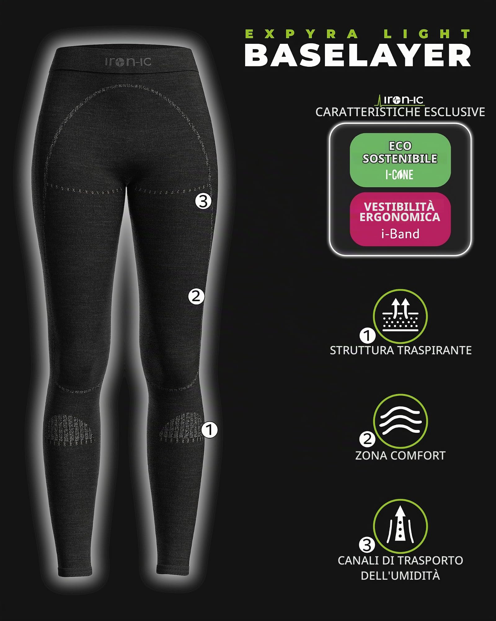 Iron-Ic - Leggings Tecnici Donna Merino 40 Seamless Termoregolanti e Traspiranti EXPYRA Light - Fitting Comfort - Art. 610869