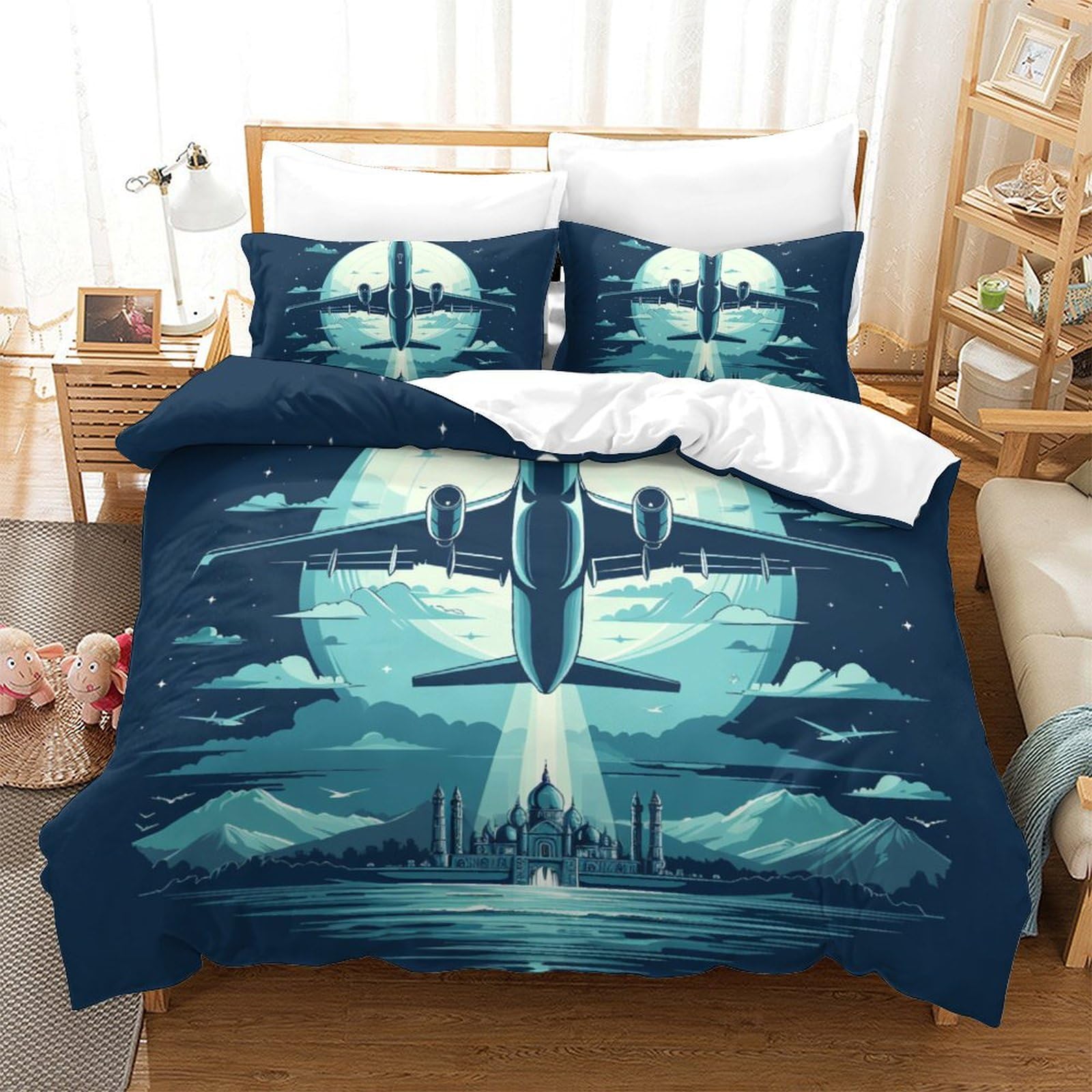 Housse de couette avion 3D 260x220 cm en microfibre avec 2 taies d'oreiller pour lit super king